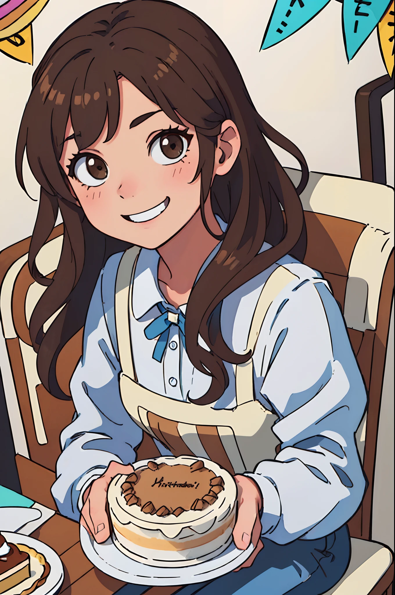 (mejor calidad: 0.8), (mejor calidad: 0.8), perfect anime illustration, Extreme close-up portrait of a girl with wavy brown hair dyed the tips a lighter color. sitting in a chair smiling while looking at a birthday cake.