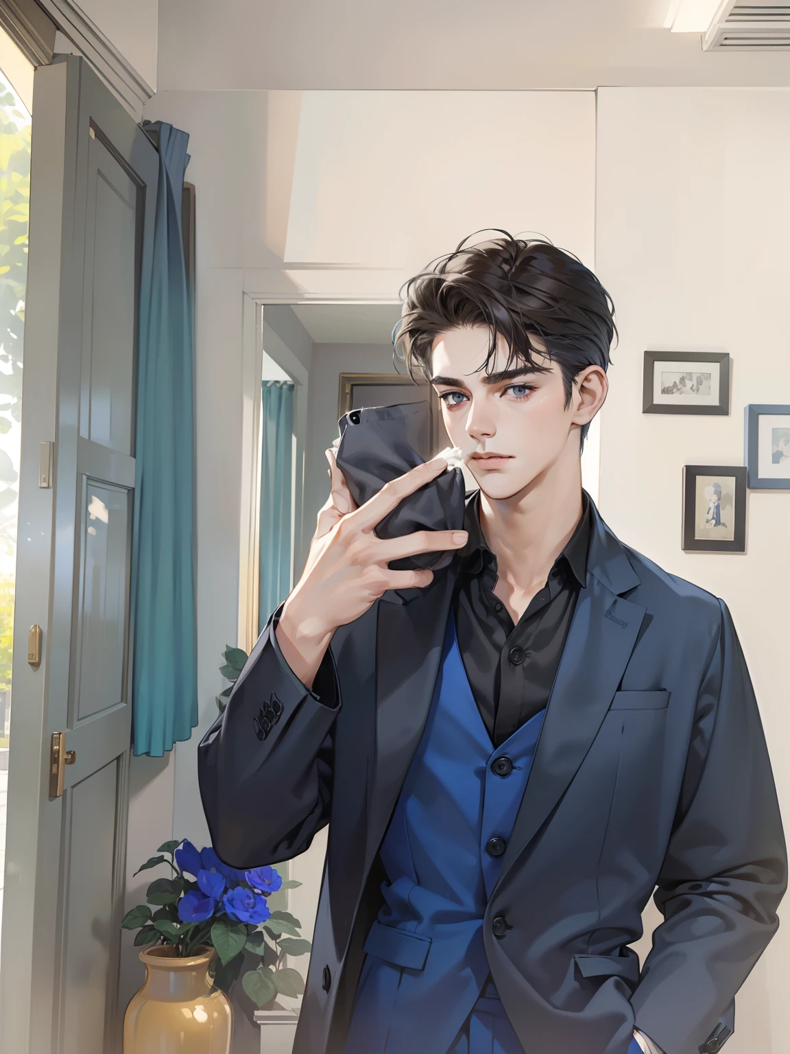 masterpiece, best quality, realistic, 1man, mature male, quiet and charming young man, 18 years old, look serious, closed mouth, portrait, extremely detailed face, soft smile, ((dark grey eyes)), ((short-left-swept dark brunette hair)), [thick eyebrows], dining room ((blue suit))