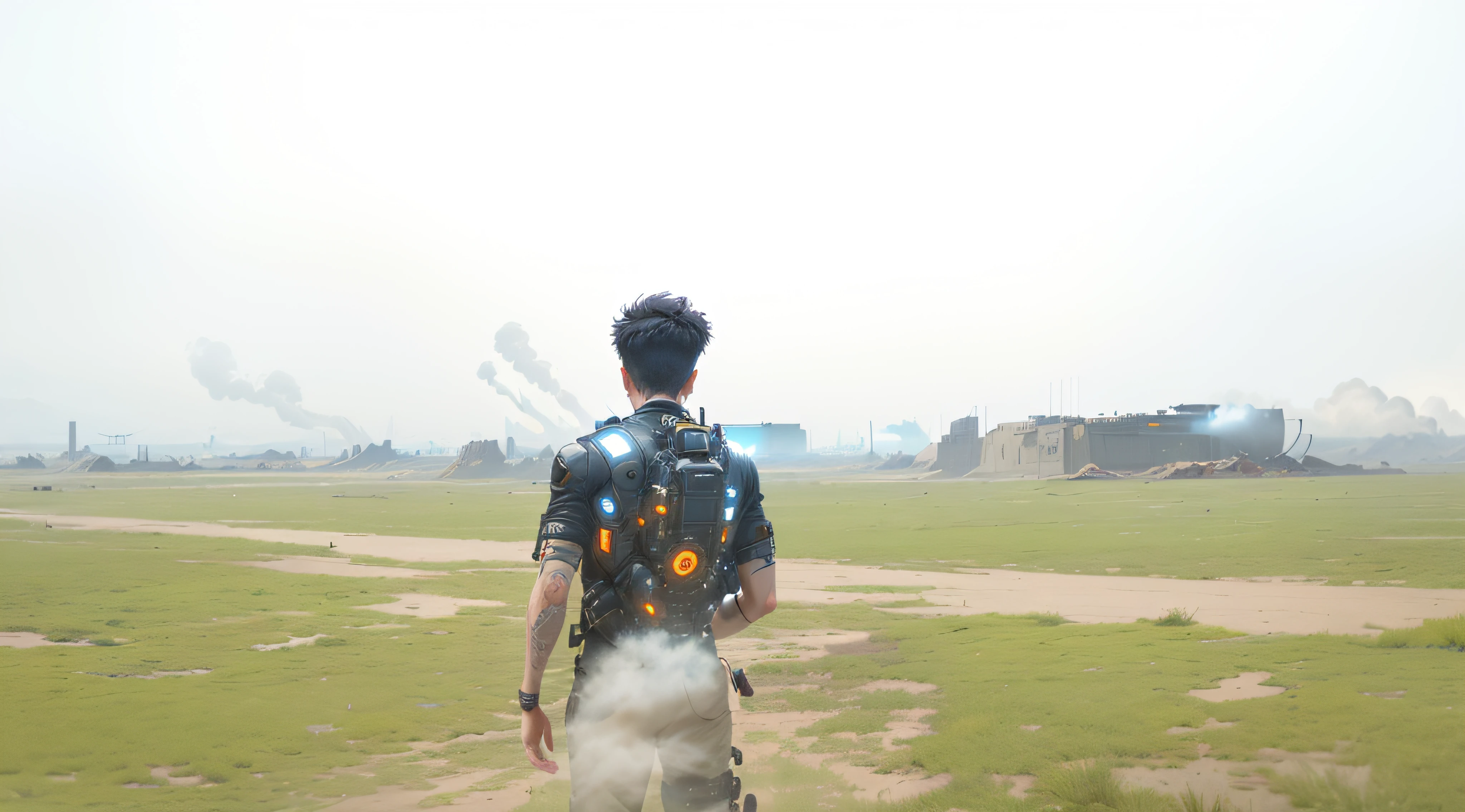 cypunk, futuristic, mechanic, dystopia, trending on artstaion, by greg rutkowski, 8k, boy, glowing eyes, smoke and fire, glowing power aura, dynamic view