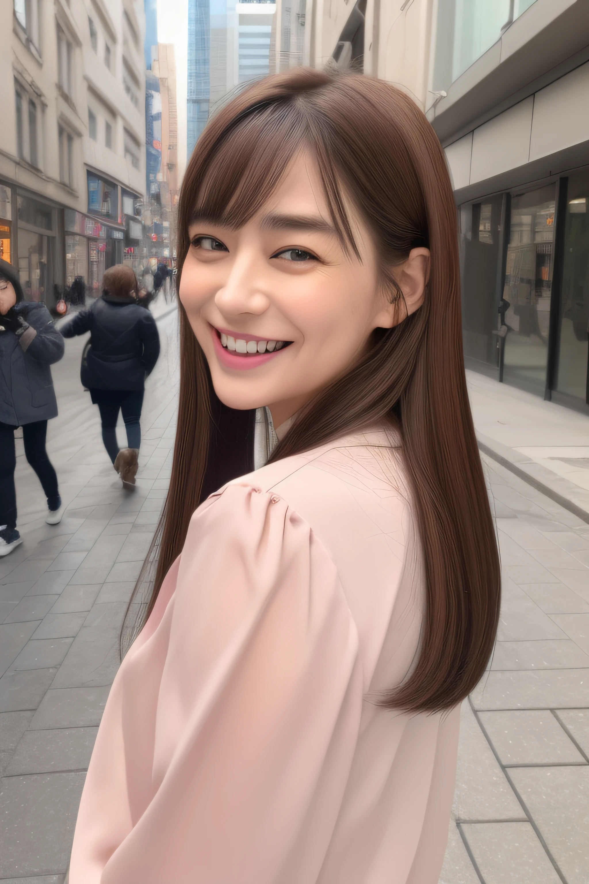 ((top-quality、in 8K、masterpiece:1.3)), faces, foco nítido:1.2, Beautiful woman with perfect body shape:1.4, A slender, ((Brown hair、straight haired)), piercings, (Pale pink blouse, Black jacket), ((Urban streets:1.3)), Highly detailed facial and skin texture, A detailed eye, 二重まぶた, Gahaha laughter, Highly detailed white tooth texture