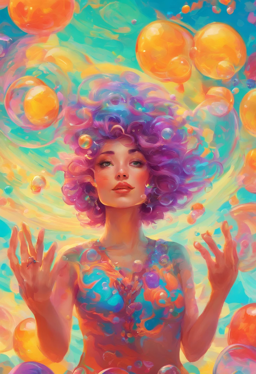 ((top-quality, 8K)), (Realistic), (Face Focus: 1.1), (cyan colors:1.3), (Green and purple colors: 1.2), girl with, short-hair, Hair fluttering in the wind, kindly smile, (Sleeveless: 1.1)、Skirt, C cup breasts, Countless soap bubbles, (Soap bubbles are red, Yellow and orange:1.2), Photo of the body from the waist up, Looking up at the sky, Extend your hand to the sky,