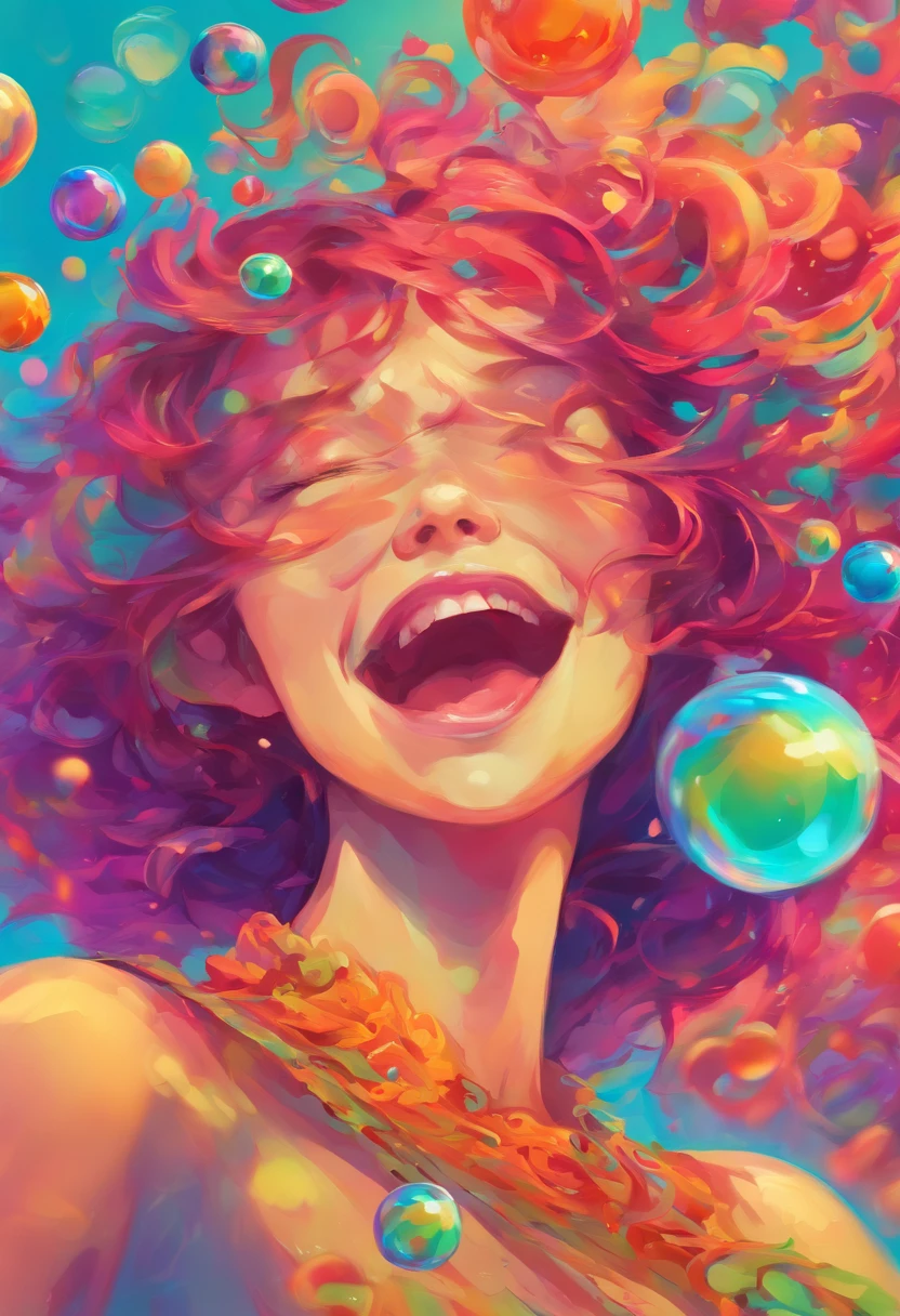 ((top-quality, 8K)), (Realistic), (Face Focus: 1.1), (cyan colors:1.3), (Green and purple colors: 1.2), girl with, short-hair, Hair fluttering in the wind, kindly smile, (Sleeveless: 1.1)、Skirt, C cup breasts, Countless soap bubbles, (Soap bubbles are red, Yellow and orange:1.2), Photo of the body from the waist up, Looking up at the sky, Extend your hand to the sky,