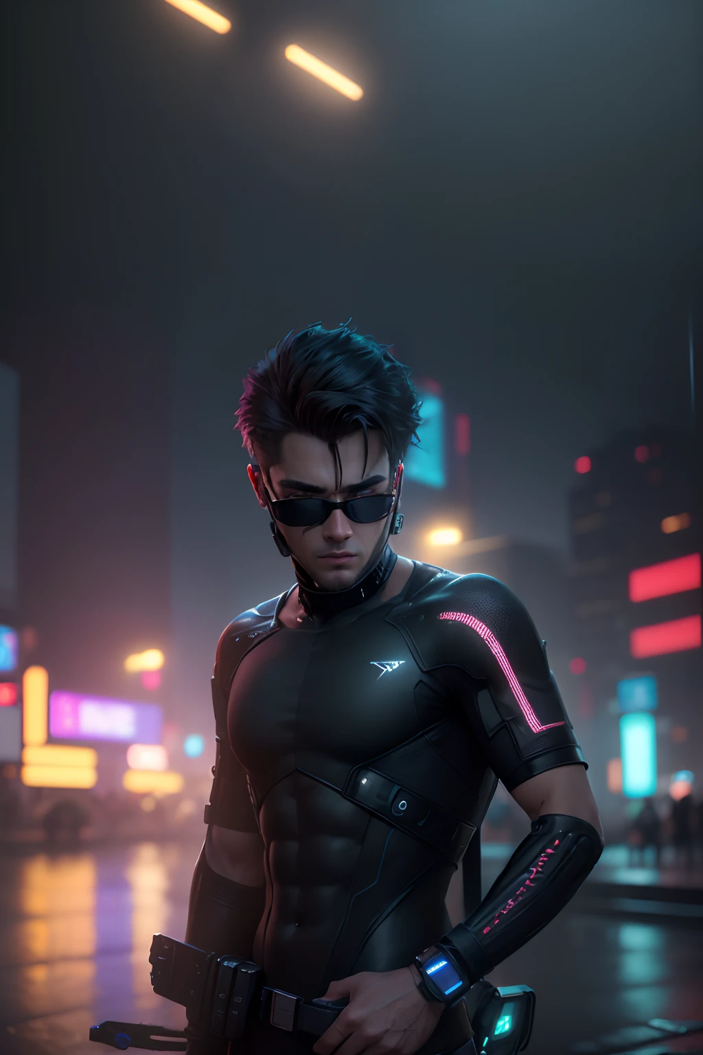 (best quality,8k,realistic:1.37),cyberpunk,handsome boy with realistic face,change background,ultra-detailed, HDR, UHD, studio lighting, physically-based rendering, extreme detail description, professional, dark and vibrant colors, futuristic cityscape, neon lights, rainy atmosphere, reflections, sharp focus