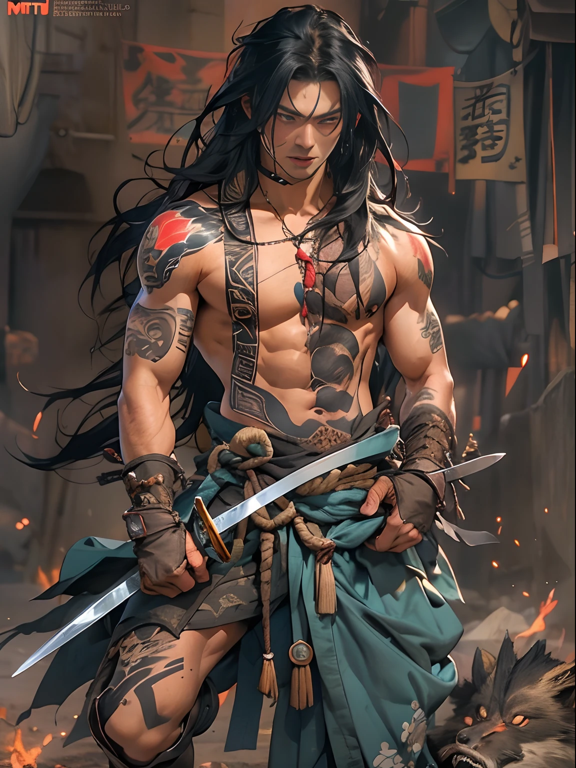 (((mtu))), (((best qualityer))), (((tmasterpiece))), (((AS-Adult))), ((( Japanese ))), Look up from your knees, Handsome Asian samurai,perfect body figure, Modern samurai, ((( Asian))), Wear gloves on your hands,The left arm is made of steel and metal tips,Made of protective devices, The eyes are pulled, (( Appears below the chest )), (( Small dental floss )), Simon Bisley, Almost naked(Simon Bisley)Castle City Wilderness,For high-resolution posters, hair straight, Minimum clothing, armure (Crazy clothes ), Full of tips and rivets, tribal tattoos, (((full bodyesbian))), Straight brunette hair,Colored hair ends