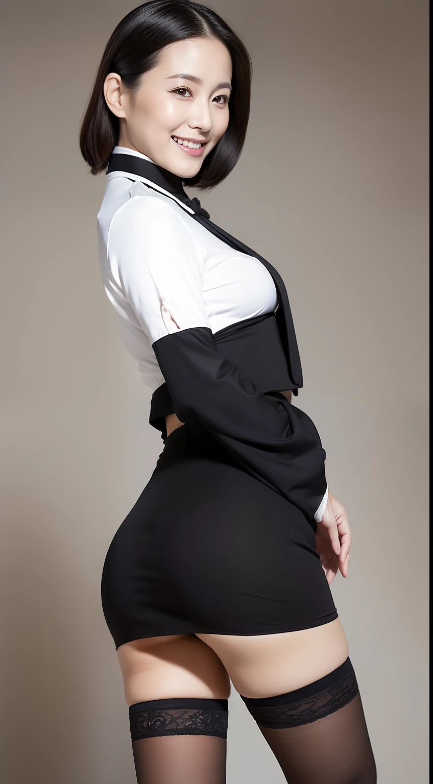 Masterpiece,Best quality, (maam. clerk:1), ((Portrait:1.3)), Cross arms, Triangle underwear , Smile,Skirt that wraps hips,Long legs,skin hyper-detail,Clear pores,in a panoramic view,Cocked buttocks,black lence stockings,Beautiful young Japanese woman, Perfect face, (Detailed facial features), Clean and nice face