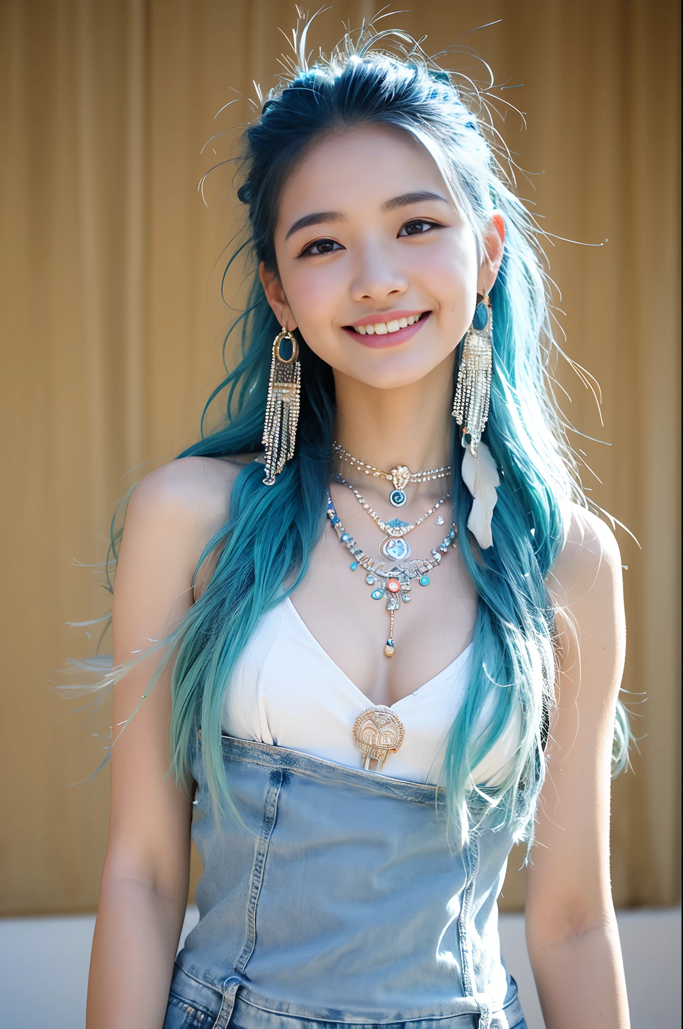 (extra detailed body、extra detailed face、best qualtiy:1.2)、femele、looking at the viewers、(lightblue hair、Flashy clothes、ar old、A smile、Feather piercings down to below the shoulders、hippy、hair adornments、Fancy Necklaces、bell-bottoms)、(woodstock:1.4)