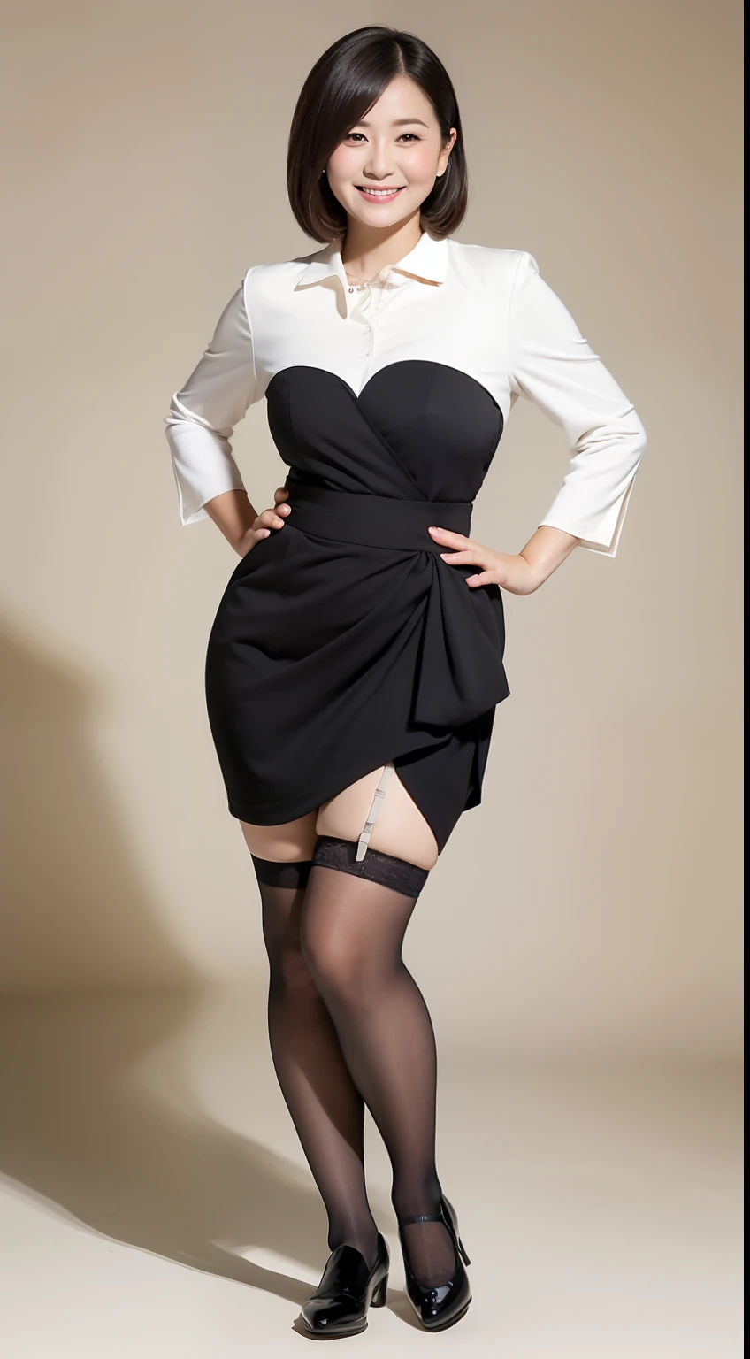 Masterpiece,Best quality, (maam. clerk:1), ((Portrait:1.3)), Cross arms, Triangle underwear ， Smile，Skirt that wraps hips，Long legs，skin hyper-detail，Clear pores，in a panoramic view，Cocked buttocks，black lence stockings，Beautiful young Japanese woman,  Perfect face,  (Detailed facial features),  Clean and nice face