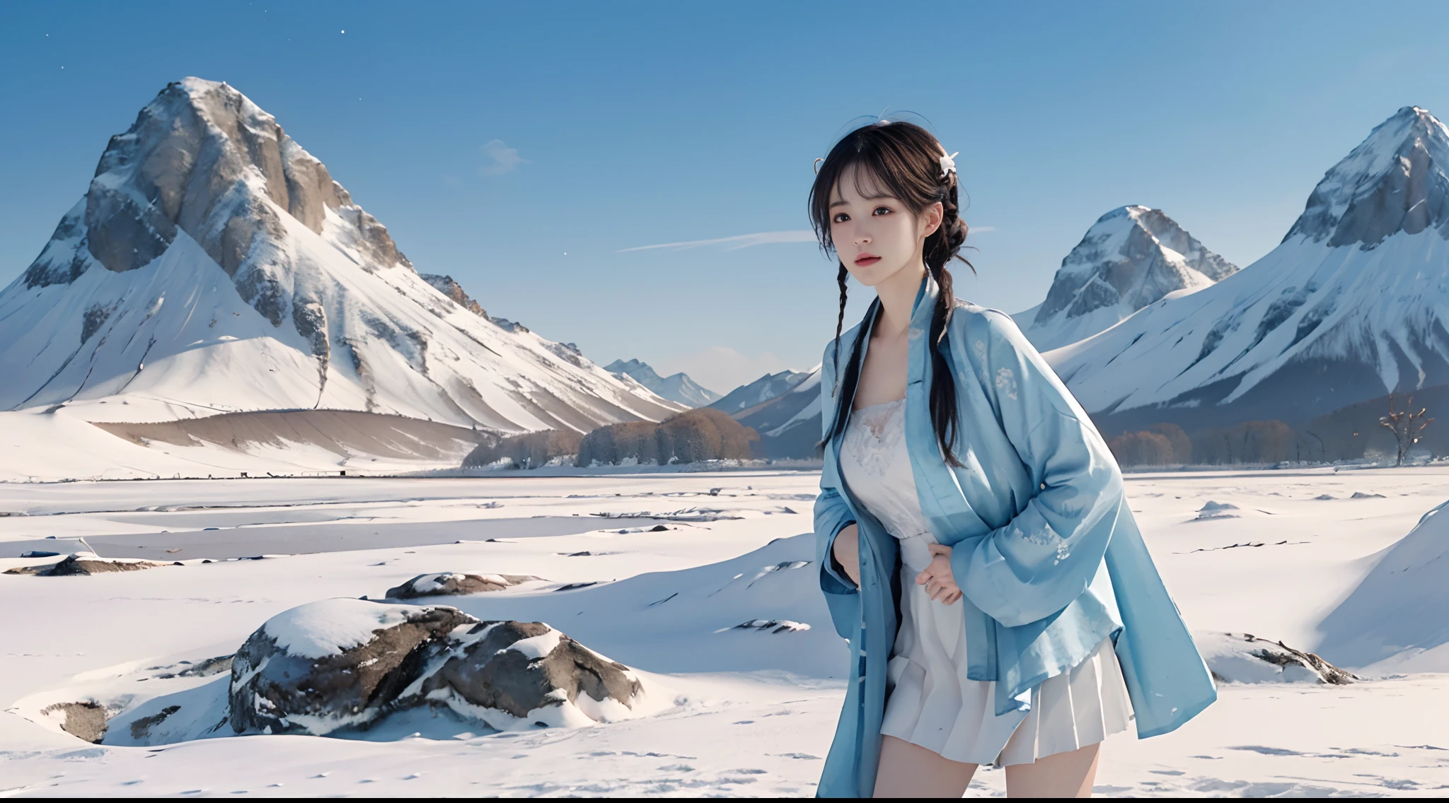 (ultra-realistic realism)、(illustratio)、(A high resolution)、(8K)、(The is very detailed)、(Best Illustration)、(Beautifully detailed eyes)、(top-quality)、(ultra - detailed)、(tmasterpiece)、(the wallpaper)、(A detailed face)、独奏、1 girl in、looking at viewert、finedetail、eventide, beuaty girl,Dynamic action,with hands behind her back,standing in the snowy mountain,Hanfu,short skirt,Casual hairstyle,Messy hair,big breasts exposed cleavage,blue gem