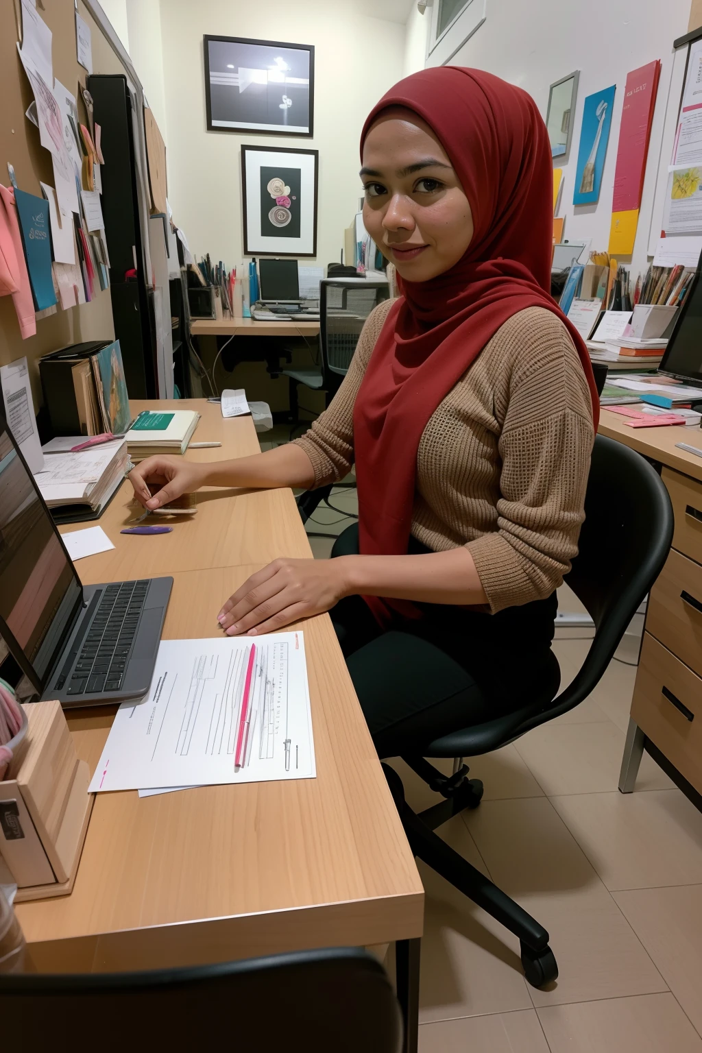 Capture a moment of reflection as a Malay girl in hijab sits at her desk, surrounded by art supplies, her creativity and passion for the arts evident in the details of her workspace