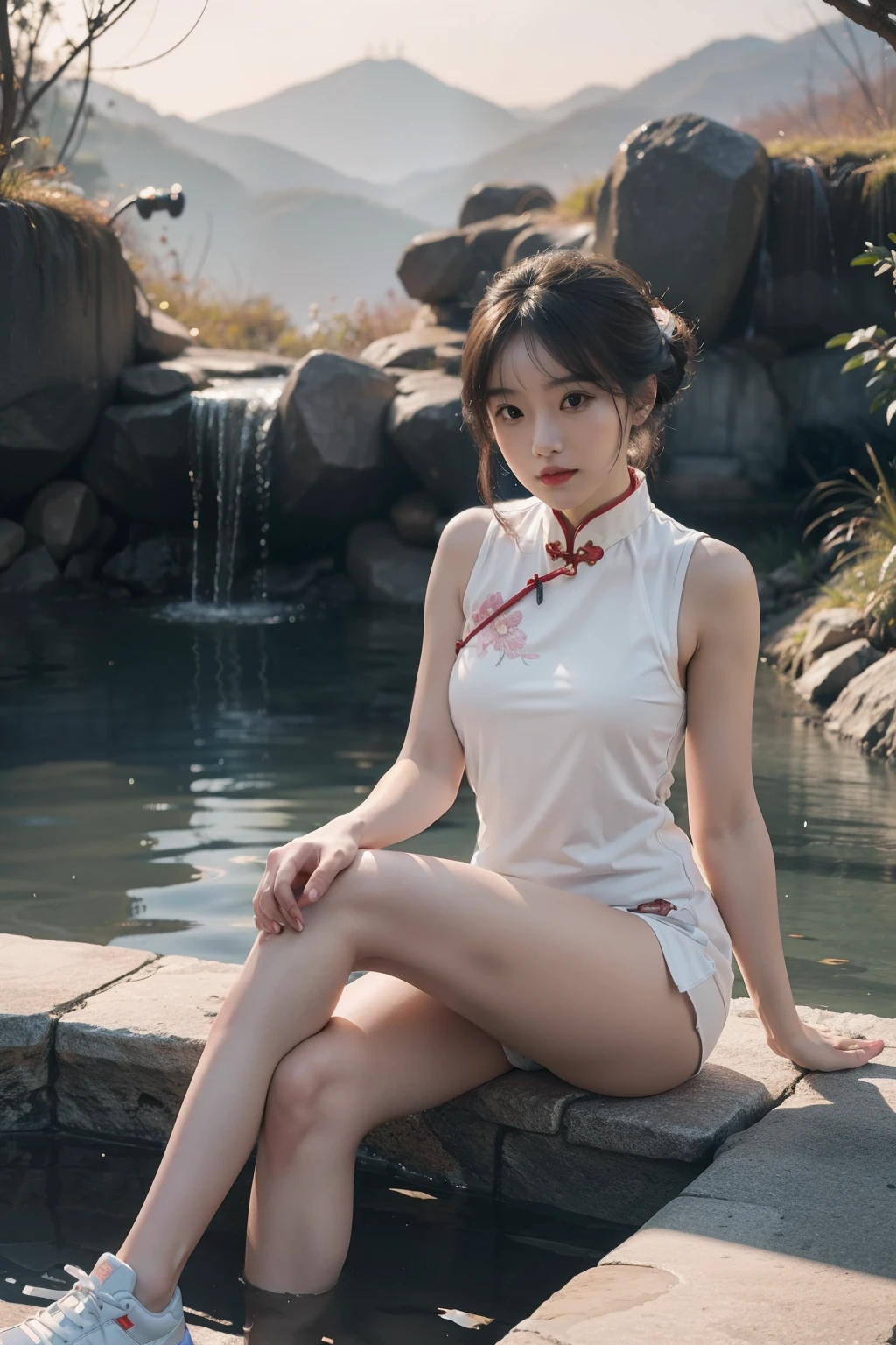 (full bodyesbian:1.5),(1girll:1.3),(view the viewer:1.4),(anatomy correct:1.4),(Sitting in the hot spring:1.2),(Wear a cheongsam:1.2), (Wearing sneakers:1.2),(Accurate and perfect face:1.3),(Long legs:1.3),hyper HD, Ray traching, reflective light, structurally correct, Award-Awarded, High detail, Fade-in and fade-out shadow contrast, Face lighting ,Cinematic lighting, Masterpiece, super detailing, High quality, High detail, Best quality, 16k,High contrast,