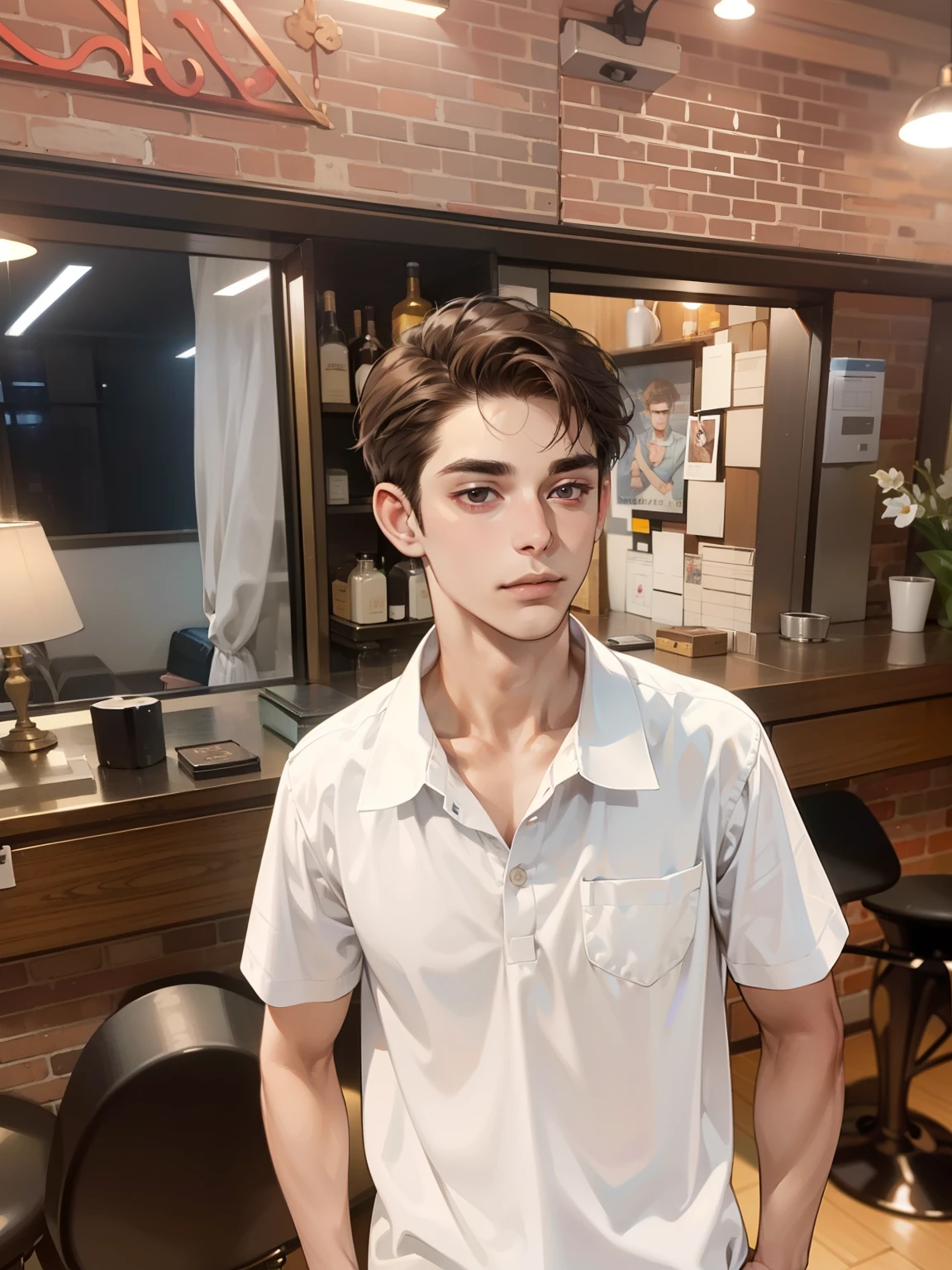 masterpiece, best quality, realistic, 1man, mature male, quiet and charming young man, 25 year old, a smirk, closed mouth, portrait, extremely detailed face, a little distant, ((dark eyes)), ((short-right-swept dark brown hair)), [thick eyebrows], ((shirt)), handsome, distant shot