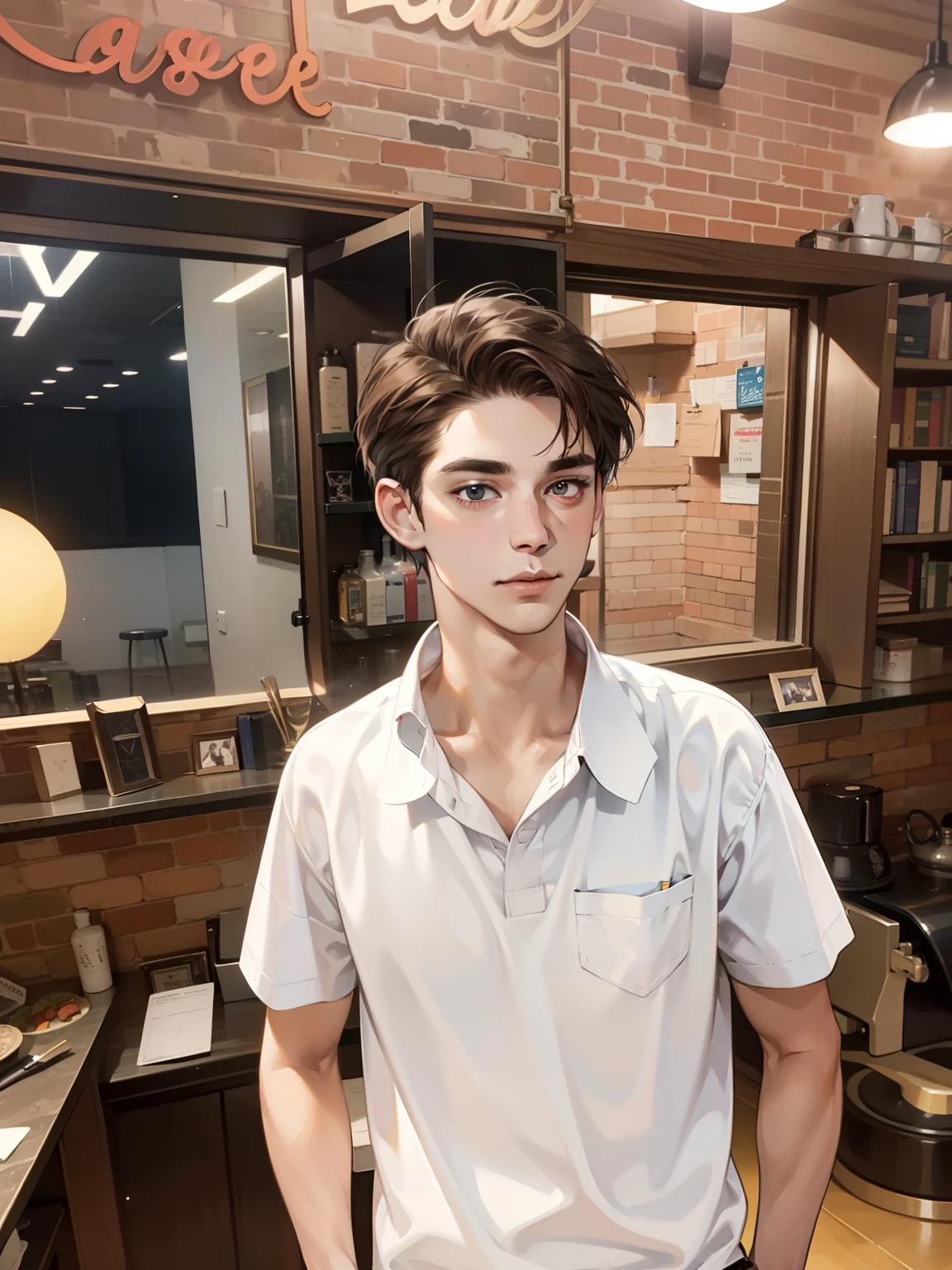 masterpiece, best quality, realistic, 1man, mature male, quiet and charming young man, 25 year old, a smirk, closed mouth, portrait, extremely detailed face, a little distant, ((dark eyes)), ((short-right-swept dark brown hair)), [thick eyebrows], ((shirt)), handsome, distant shot