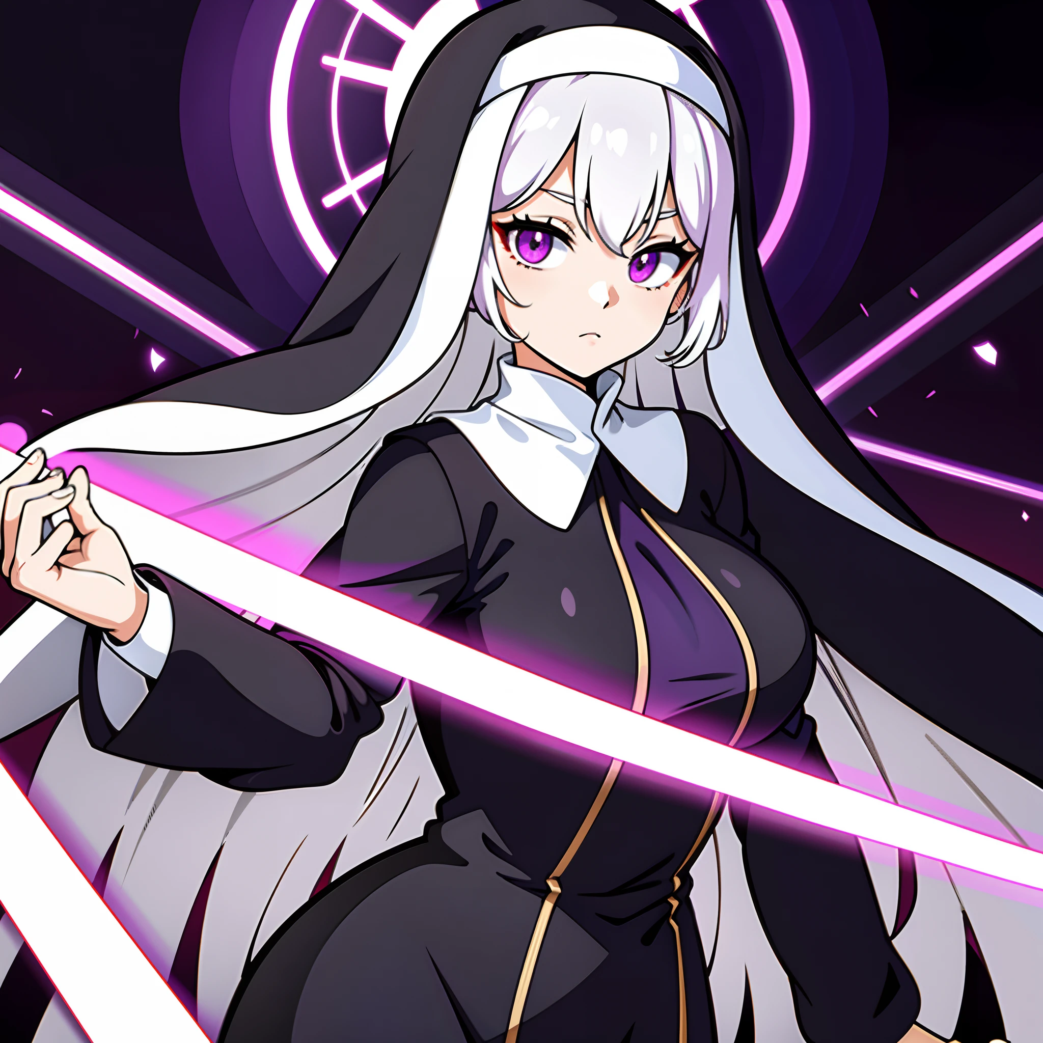 upper body, 1woman, white hair strip purple, Long Haired, purple eyes, (Nun), sister, big breats, wallpaper, holy light background, light particles, hands behind the back, (masterpiece), best quality