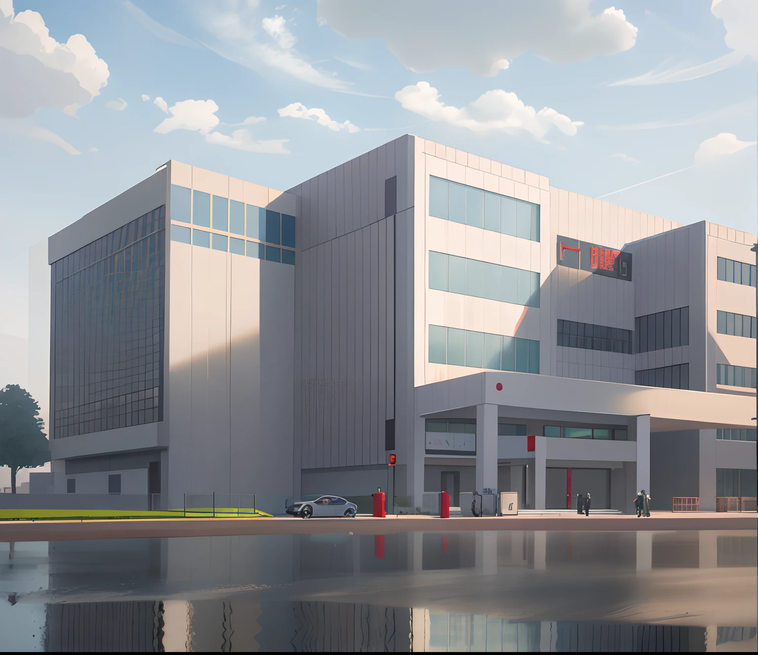 There is a large building,There is a sign on the front, hospital in background, medical complex, hospitals, hq render, author:Uesaka Seka, made with anime painter studio, sharp focus ilustration hq, artstation hq”, rendered illustration, medical research facility, finalrender, digital painted, Detailed 2D illustration, author:Zhang Shengqi