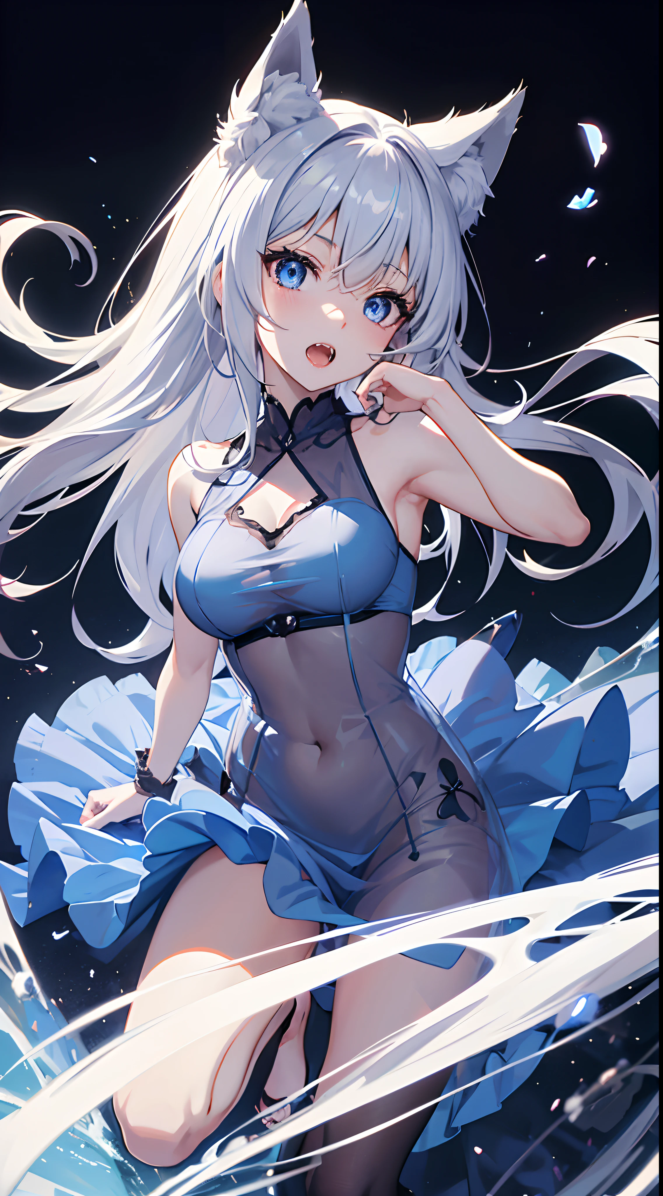 Anime girl, wolf, extremely detailed face, baby wolf,blue eyes, 4k wallpaper, (((transparent dress))),open mouth, fangs,((erect ))