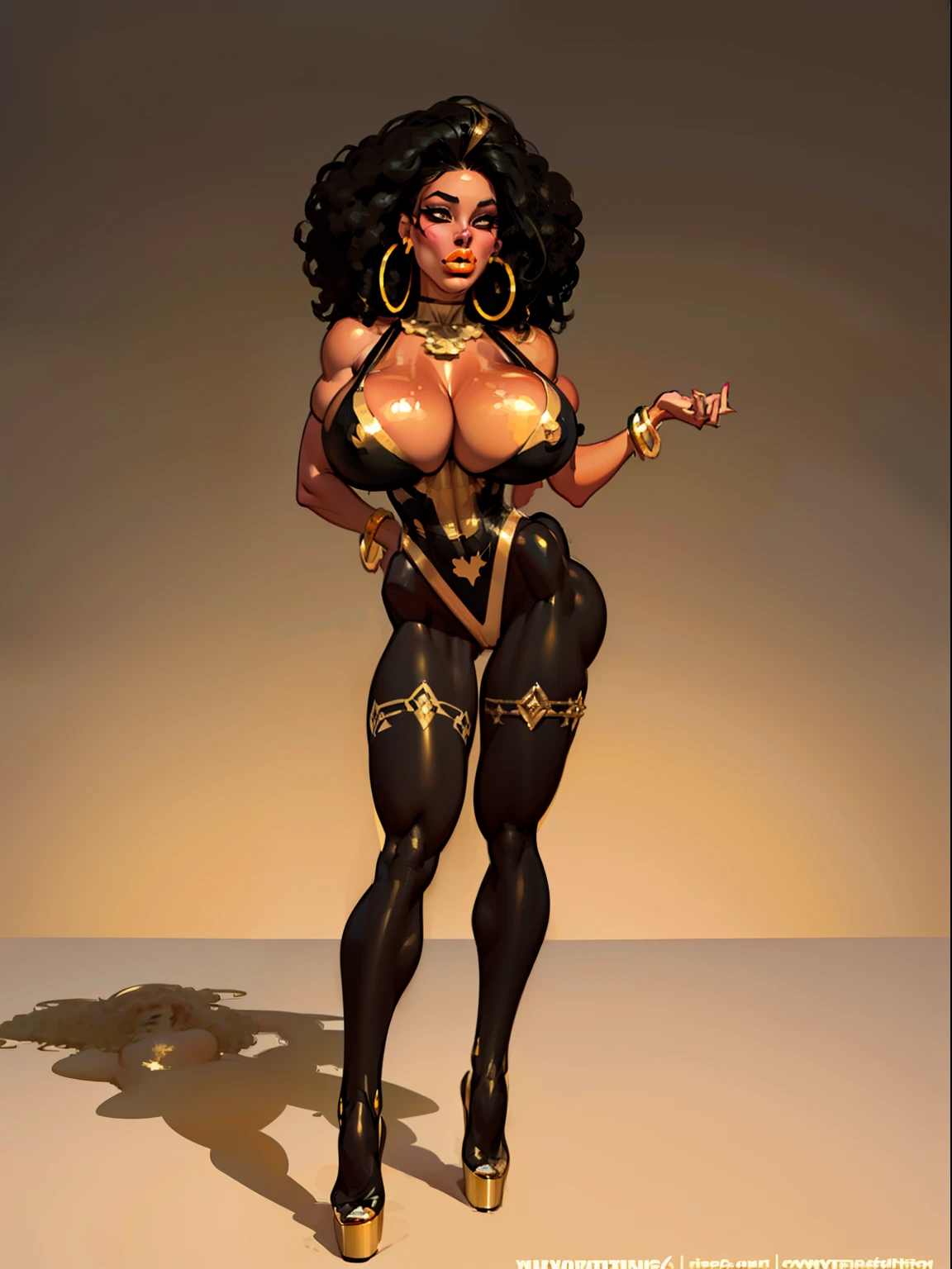 (Above view:1.1)((masterpiece)),(((best quality))),((character sheet)), ((full body view)) ((black woman)) ((afro combed to sides)) ((seductive pose)) mature face, defined cheekbones, high cheekbones, illustration, girl, muscular, ((afro:1.4)), sexy bimbo, (gigantic breasts:1.7) black hair, ((detailed face:1.4)) beautiful woman, (yellow leotard:1.4), (gold hoop earrings:1.6), (thighhighs:1.4) (yellow lips:1.6) , shiny skin, scribbles and marks,(puffy lips:1.5) , rough sketches, 8k,16k, (simple background, white background: 1.3), yellow and black color palette, brown legs, orange arms, (black skin:1.7)