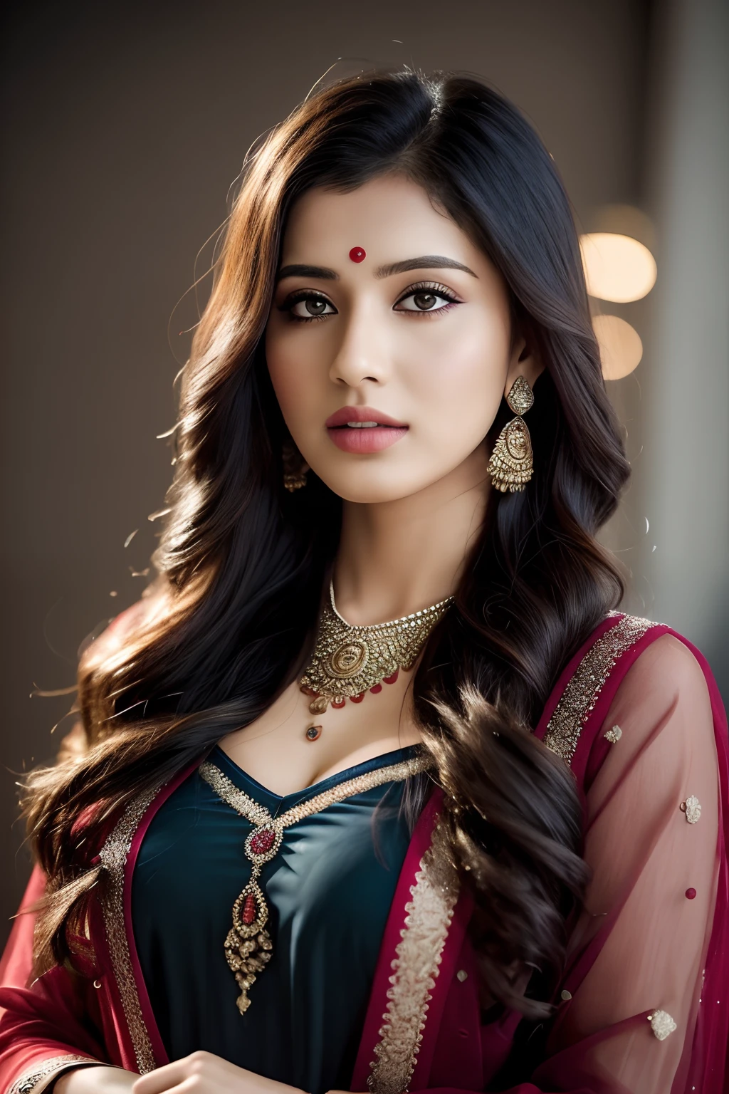 Replace with new Indian girl, looking at camera,attractive looks with clavage, red dress