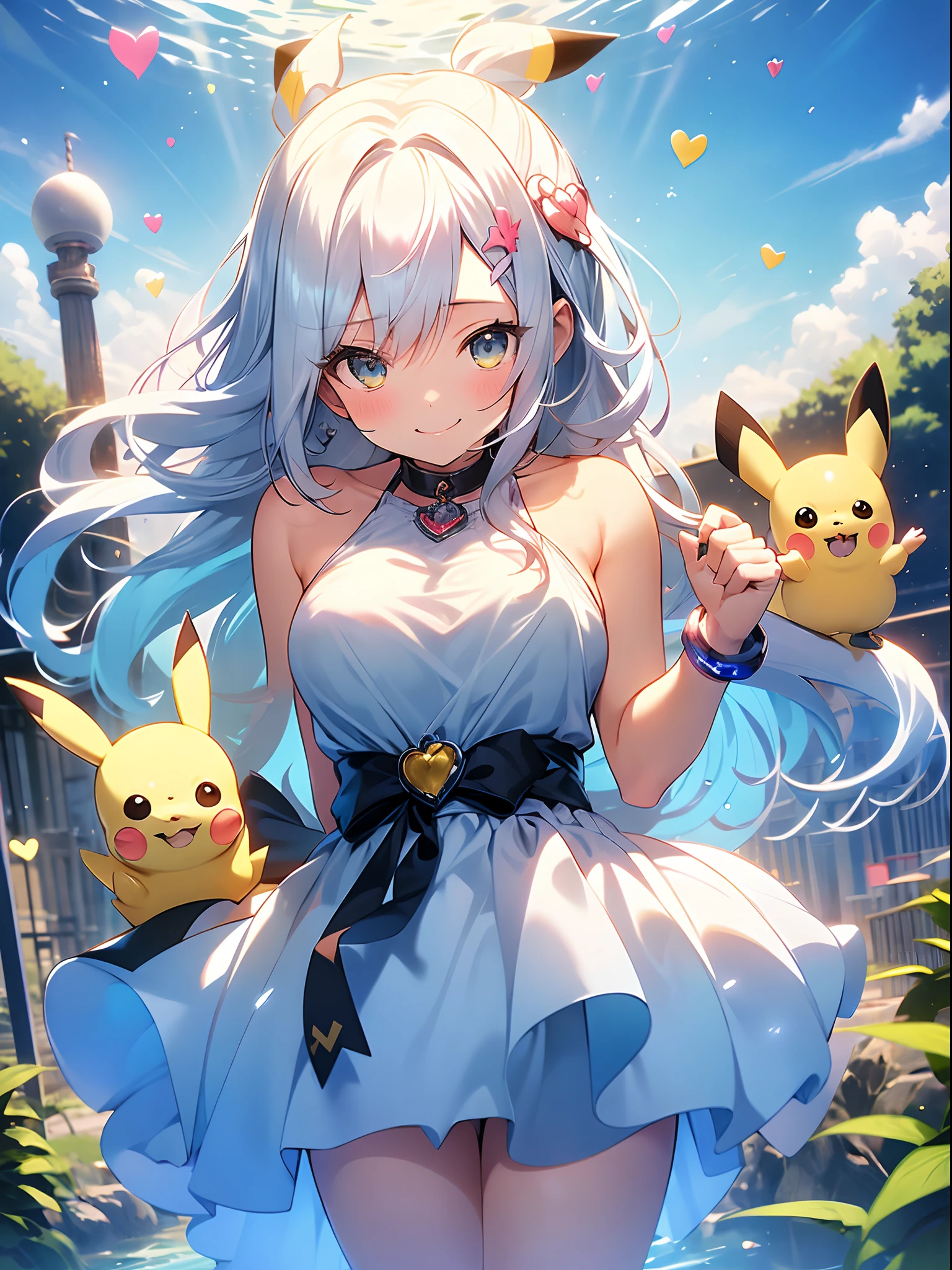 1个Giant Breast Girl,A high resolution,looking at viewert,ssmile,long whitr hair,Bracelet,stain glass,Gradient eye,Machine maiden law,Pikachu tail,femele,partial underwater shot,telephoto lenses,Seductive smiles,(Flirting smiles),Heart-shaped dull hairs,whaite hair,As estrelas,Fluorescent mushroom forest