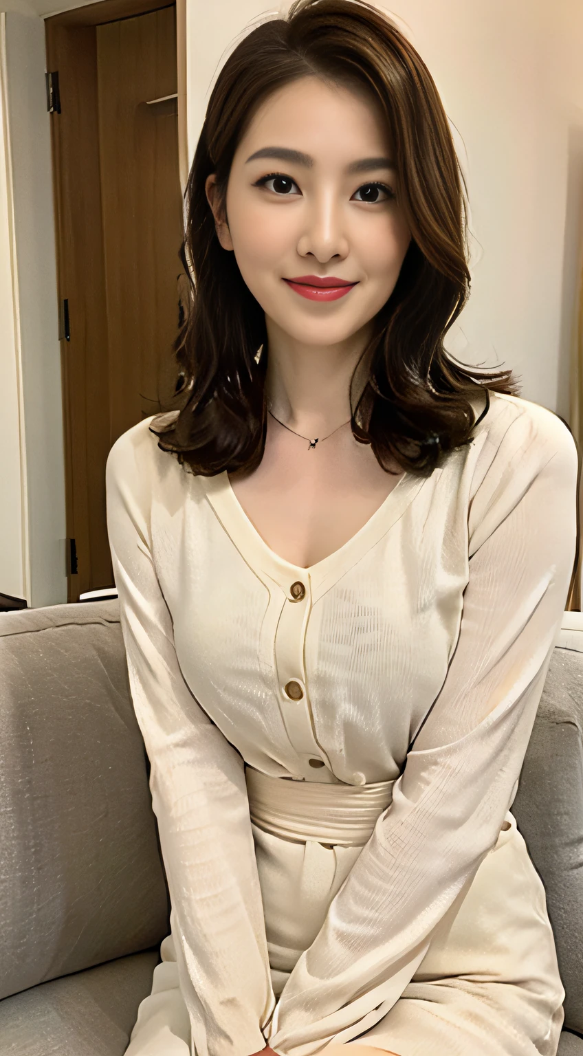 Knee photo,((中景 the scene is、Two-thirds of the knee photo))top-quality、tmasterpiece、超A high resolution、(Photorealsitic:1.4)、A Japanese lady、48-year-old woman,ssmile,Wavy brunette hair、Silk、Knitted long-sleeved dress(huge-breasted:1.4)、standing on your feet:1.2,Living room sofa background,Slightly chubby body:1.2,Straight body,Slightly chubby face:1.2,Wrinkles at the corners of the eyes,There are wrinkles at the corners of the mouth,perfect bodies,Accentuate Chest