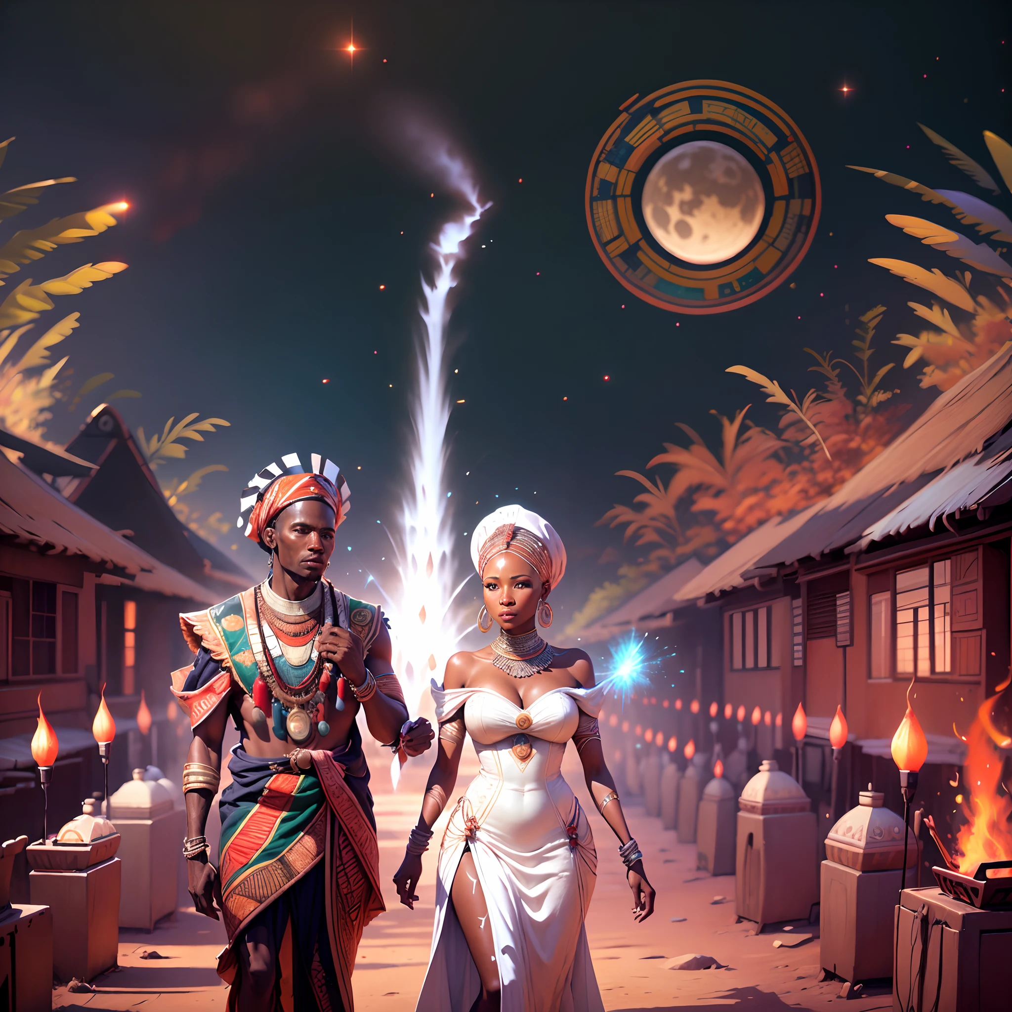 Happy African man marrying African woman both wearing African designed clothes, marriage ceremony on an futuristic african designed spaceship, surrounded by a celebrating congregation all in african designed clothes, African designed drones above them spraying shinning particles in air, african designed spaceship full of African designed instruments, african designed sculptures, pots, night time, moon and stars shining, with iridescent light, photorealistic image, 32k, ultra HD, cinematic lighting, artgerm style, --auto --s2