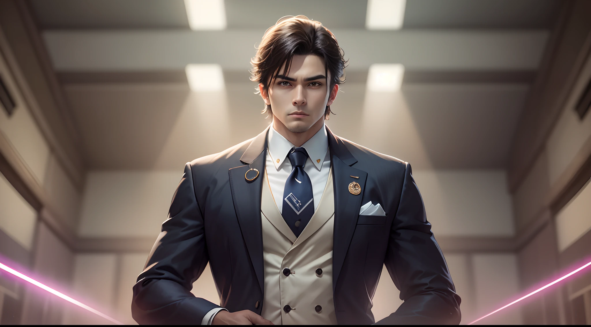One picture, quadratic element, A sexy man, Wear a suit uniform, wearing a tie, Exposing the pectoral muscles, overbearing, with a pure white background, image size 1280×720, Show off your upper body and facial expressions, Height 175cm, The background is clean, The person is fully displayed in the picture, It accounts for a quarter of the proportion of the picture, 1/4 backgrounds, determined, torogao, Cinematic lighting, Anime style, god rays, Masterpiece
