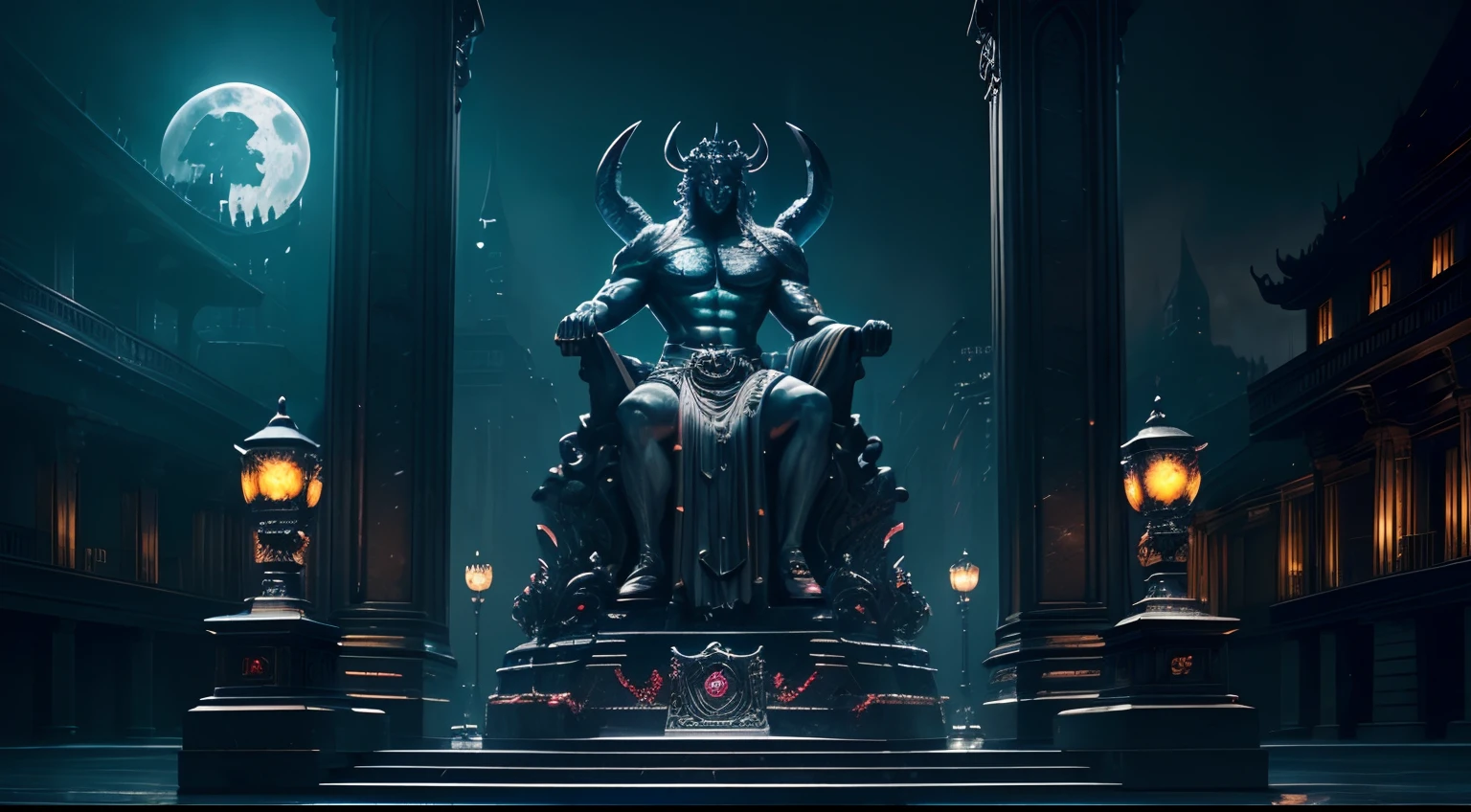 (dark paradise cityscape background detail:1.2), (with granite with epoxy big statue of the demon King made of granite and epoxy:1.3), spot black light), break, dark fantasy world, intricate detailed detail, dark cloud, flash, rain, crimson color hazy moon with dark mist, from below, tool statue stand, Intimidating atmosphere that combines awe, tonal contrast, highly resolution, top quality, best quality, highly quality, extremely hyper detail, intricate delicate and extremely detail texture, amazing background detail, all captured in sharp focus, rendered in stunning 32k resolution, beautiful detailed glow, light painting on palette knife drawing add fiber optic light painting, dark palette,
