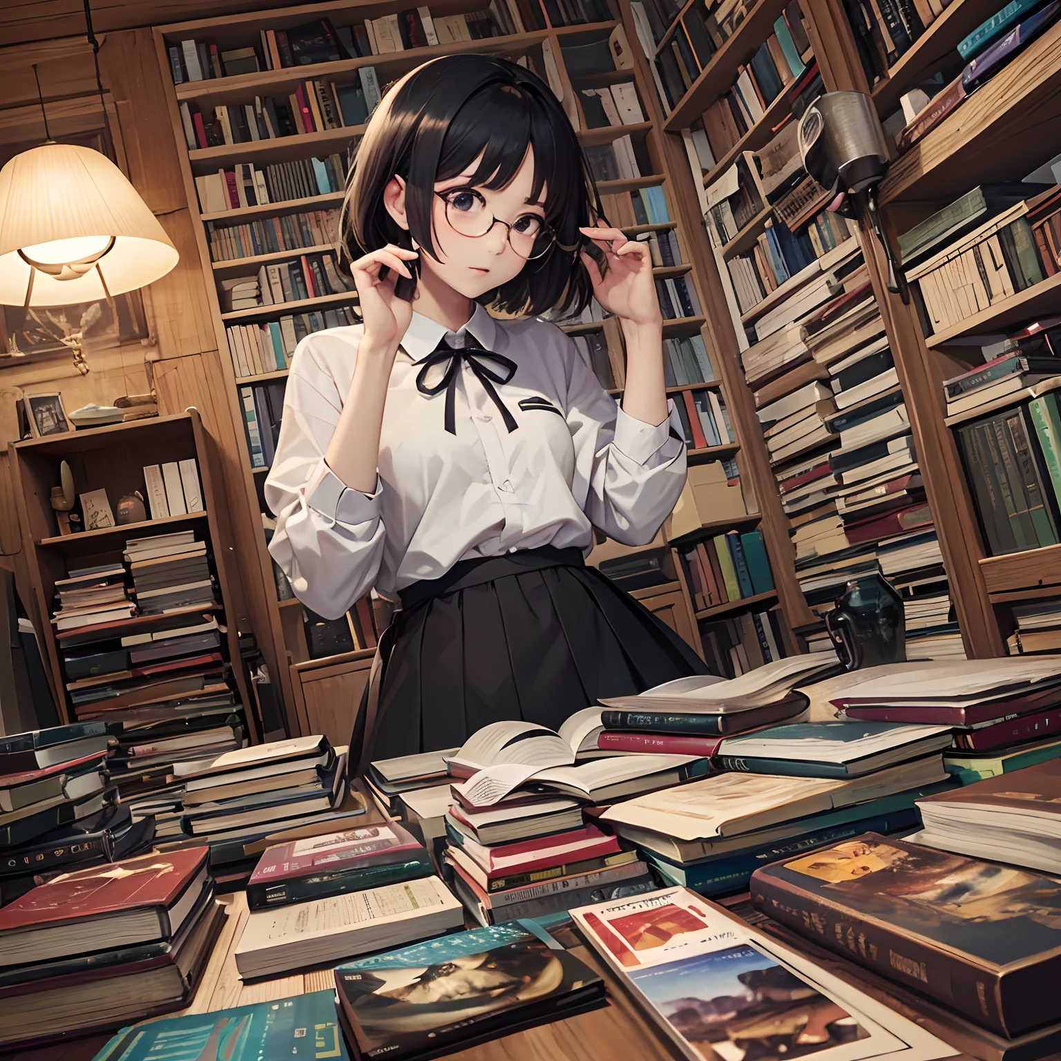masterpiece、top-quality、High-quality images、hight resolution、8K、1lady、Photorealsitic、detaileds、Detailed eye depiction、skin gloss、Lustrous hair、((Black short-haired、More disheveled hair、I'm wearing round glasses、Emotional manifestation:1.3))、Narrow old room、many bookshelves、Books piled on the floor、Pile of used books、Its name is Monaca Kashino、obedient character、Not very confident、real face、care、Good posture、Long skirt、Cardigans in muted colors、bare-legged、 Coming home from work、 Monacachan may be really good at sports, but、I'm going to ask you to play a role that is not good at exercising.、For example, even if you do radio calisthenics, only one person is not able to match the movements of other people.、For the future、Leo wants to shoot several scenes together.、