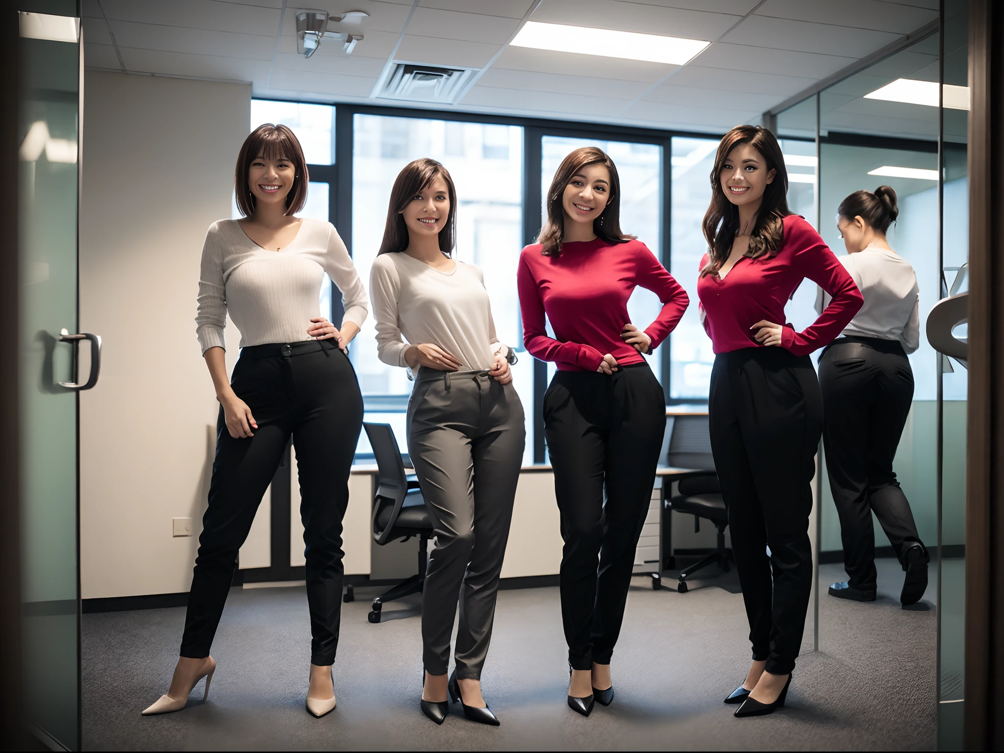 masutepiece, Best Quality, 超A high resolution,(photographrealistic:1.4) (depth of fields),(Lens Glow) , jaket:1.5、Inside the office:1.5、a Pretty Japanese woman１a person:1.5、officeworker、Sexy ass:1.5、smil、(tight trousers:1.5)、put hands on the hip、