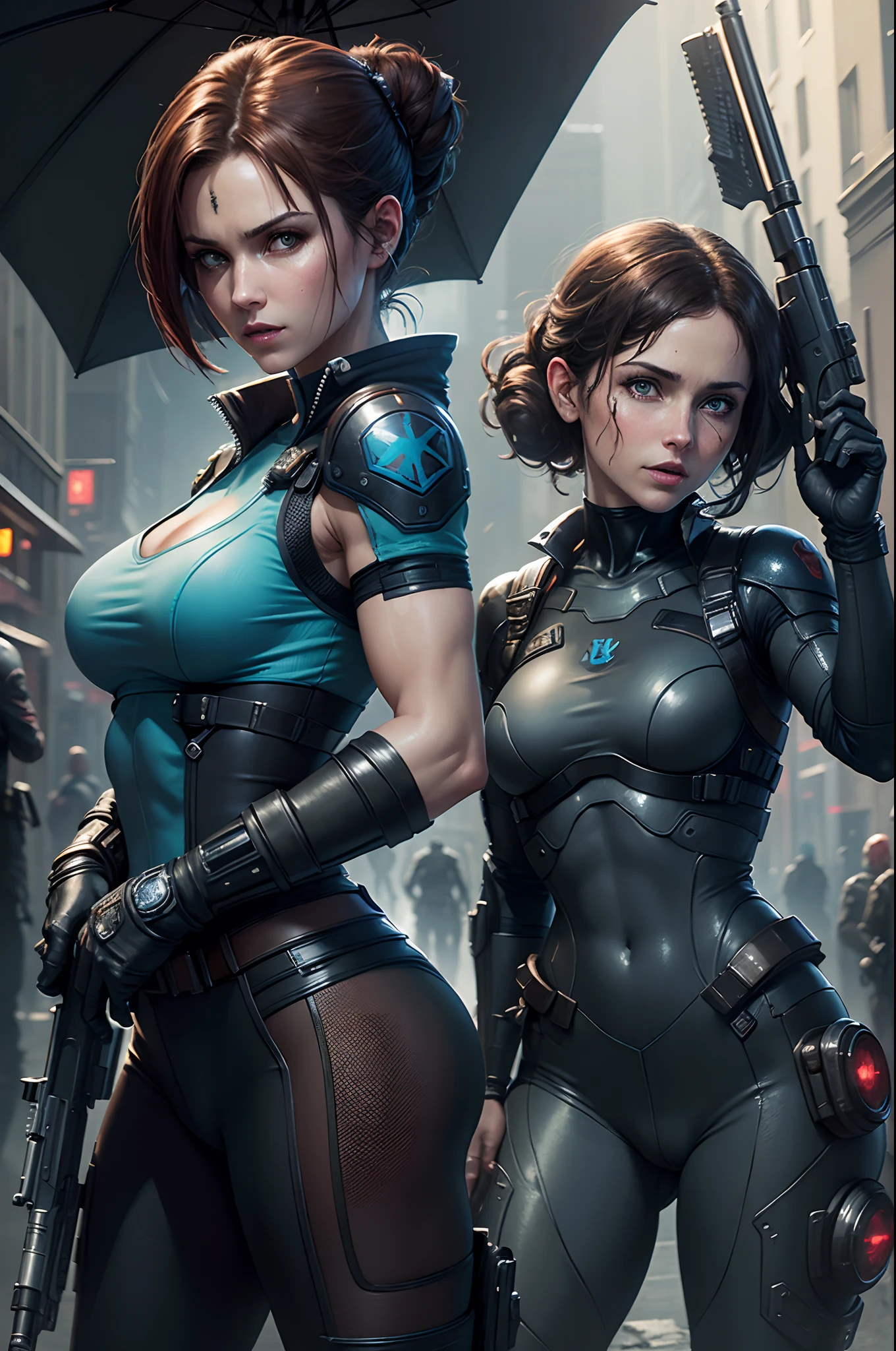 (Sci-fi fantasy), (Masterpiece), (professional oil painting) (best quality), (8k resolution), Jill Valentine, Chris Redfield, T virus zombie, Resident Evil, Raccoon city, G virus monster photo background, umbrella corp, Zombies, focous on faces features, the two characters in photo, art masterpiece, capcom video game, shooting positions