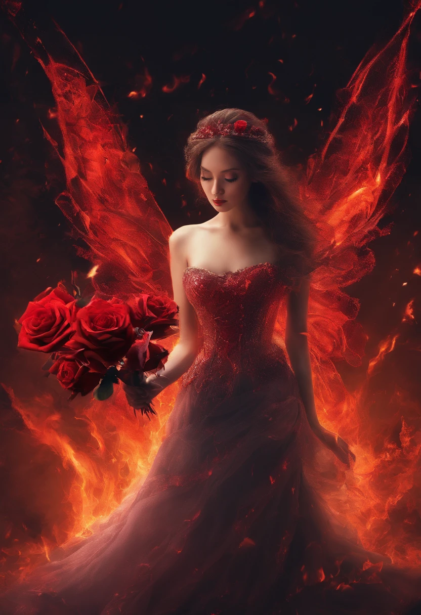 The background is dark,There is a red rose on fire in the middle,Red roses on fire,Sad,The glass shattered,Love is broken,Plain background image,There are no characters