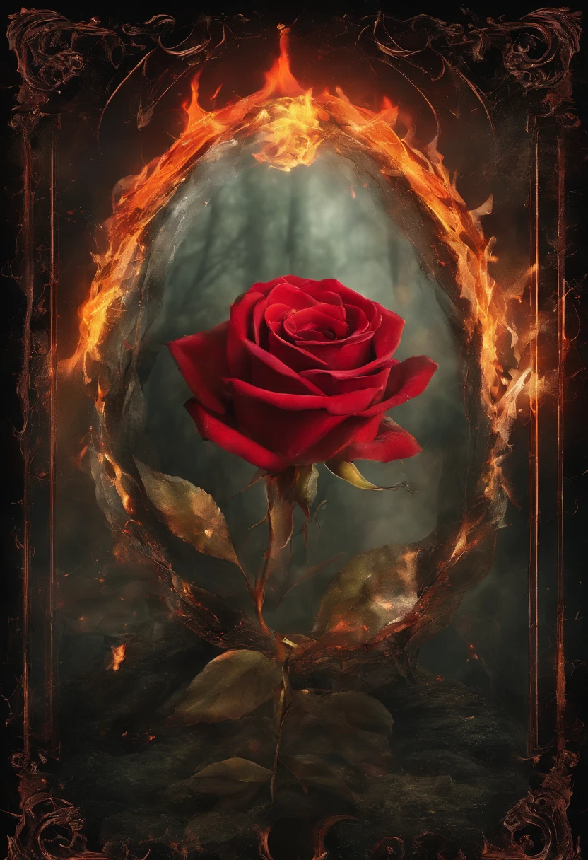The background is dark,There is a red rose on fire in the middle,Red roses on fire,Sad,The glass shattered,Love is broken,Plain background image,There are no characters