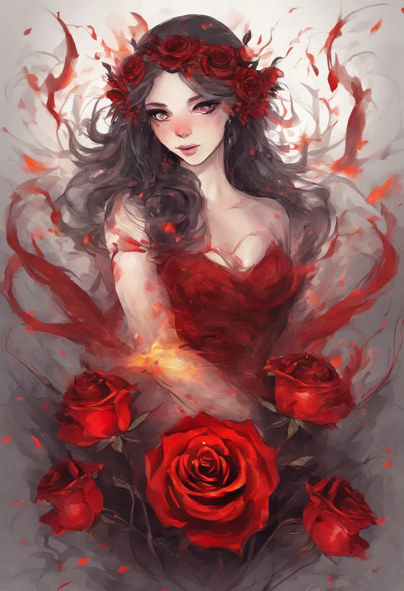 The background is dark，There is a red rose on fire in the middle，Red roses on fire，Sad，The glass shattered，Love is broken，Plain background image，There are no characters