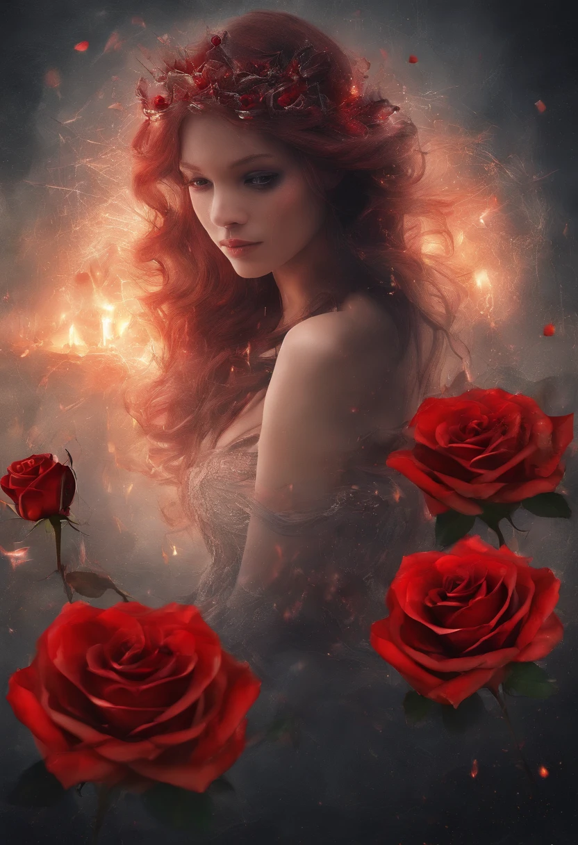 The background is dark,There is a red rose on fire in the middle,Red roses on fire,Sad,The glass shattered,Love is broken,Plain background image,There are no characters