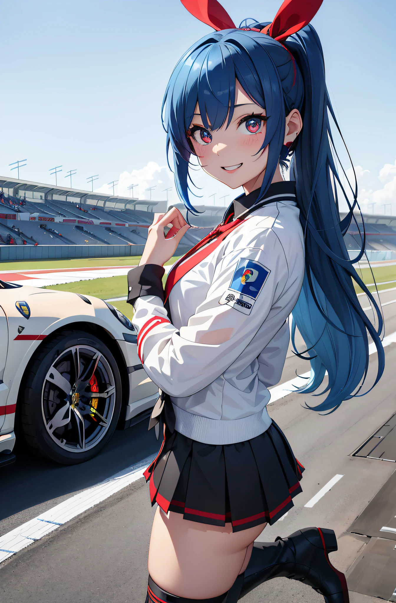 (top-quality、raw、in 8K、32K、masterpiece、UHD、ighly detailed、Photorealsitic:1.2)、Full body, (Circuit field、sports car on the background、Porsche 911:1.6)、sunlights、deep-shadows、Realistic pupils、Sharp pupils、detailed faces and eyes、beauitful face、18Old Beautiful Girl、shinny skin, Beautiful blue hair、Twin-tailed、Red Eyes、beauitful face、Japan Grand Prix Race Girl、a miniskirt、Wearing boots、Tie your hair with a big red ribbon、Curve、dynamicposes、Opens mouth and laughs、PastelColors、