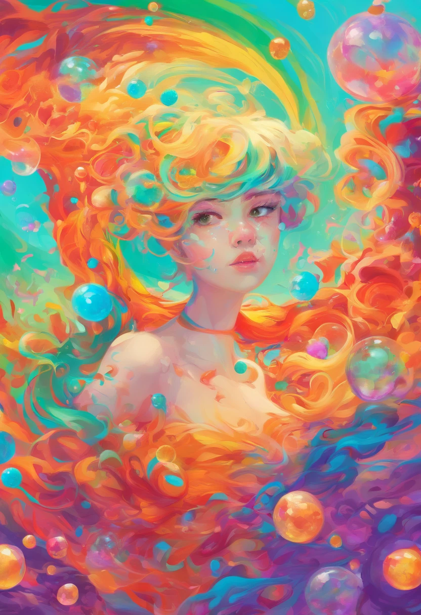 ((top-quality, 8K)), (Realistic), (Face Focus: 1.1), (Cyan and green and purple colors: 1.2), Kawaii Girl, short-hair, Hair fluttering in the wind, kindly smile, (Sleeveless: 1.1)、Skirt, D Cup Breasts, Countless soap bubbles, (Soap bubbles are red, Yellow and orange:1.2), Photo of the body from the waist up, Looking up at the sky, Reach for the sky,