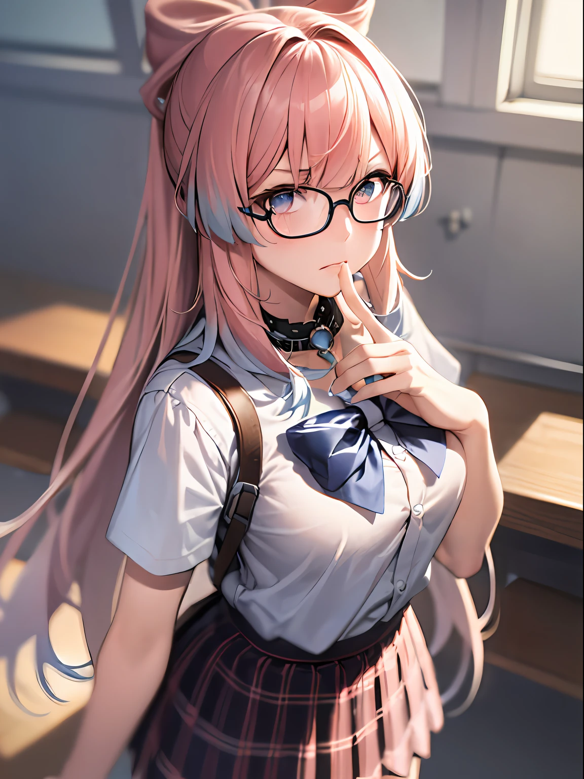 masterpiece, best quality, ultra detailed, hyper realistic, photo),delicate pattern, detailed background, uncensored completely, cowboy shot,  japanese girl, class room,
school uniform, loose collar, skirt, looking over eyewear,
hair between eyes, pink hair
put up index finger and one hand on hip,  angry with puffed cheeks,
from above, leaning forward,