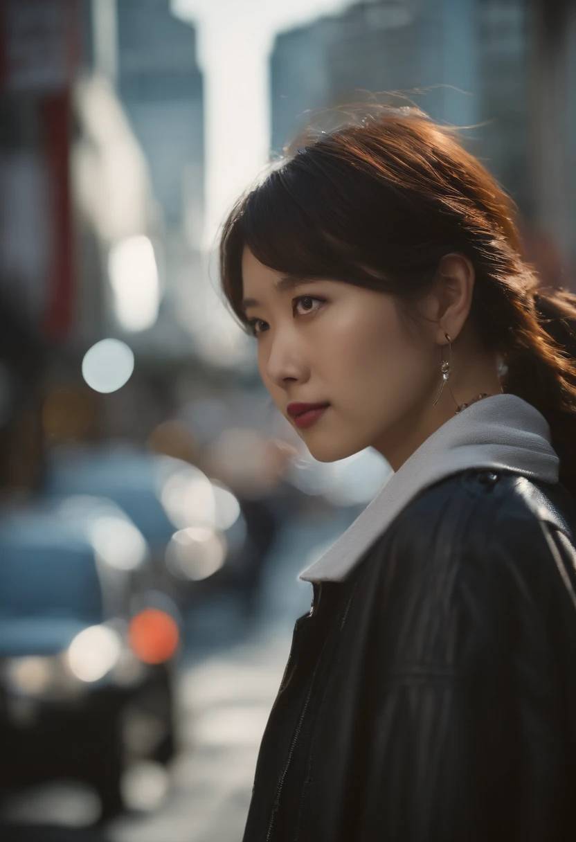 1人、on tokyo street、during daytime、A city scape、city light、The upper part of the body、a closeup、Raw photography、top-quality、masterpiece、realisitic、jpn,Photorealsitic、in her 20s、年轻、tshirts