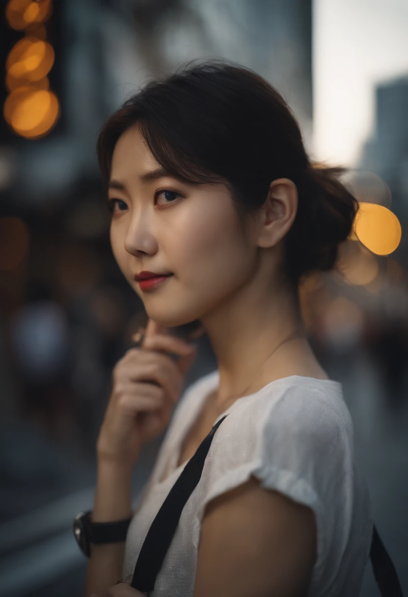 女の子1人、on tokyo street、during daytime、A city scape、city light、The upper part of the body、a closeup、Raw photography、top-quality、masterpiece、realisitic、jpn,Photorealsitic、in her 20s、年轻、tshirts