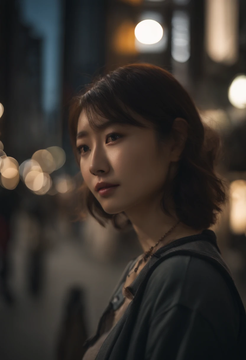 女の子1人、on tokyo street、during daytime、A city scape、city light、The upper part of the body、a closeup、Raw photography、top-quality、masterpiece、realisitic、jpn,Photorealsitic、in her 20s、年轻、tshirts