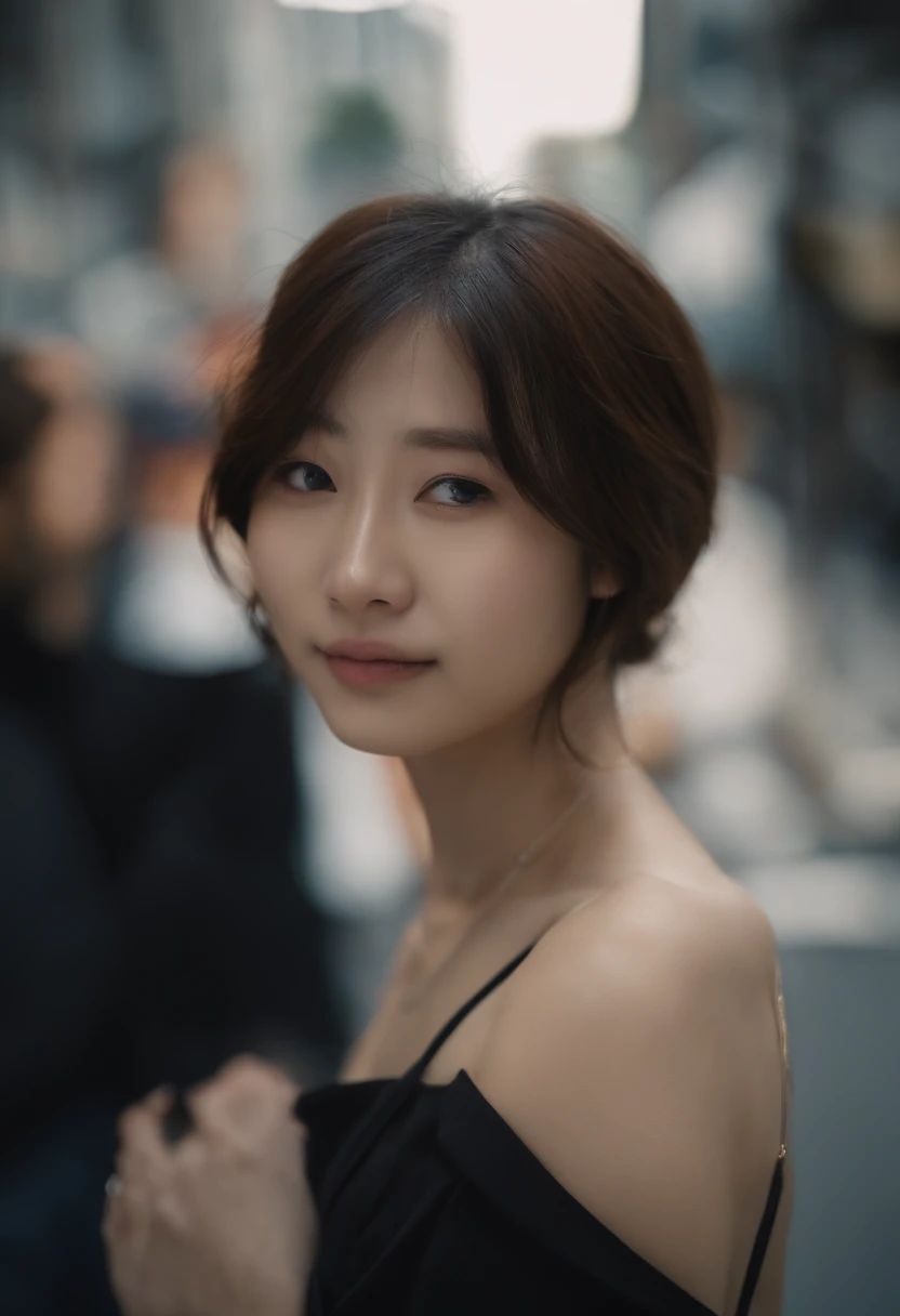 1人、on tokyo street、during daytime、A city scape、city light、The upper part of the body、a closeup、Raw photography、top-quality、masterpiece、realisitic、jpn,Photorealsitic、in her 20s、年轻、tshirts