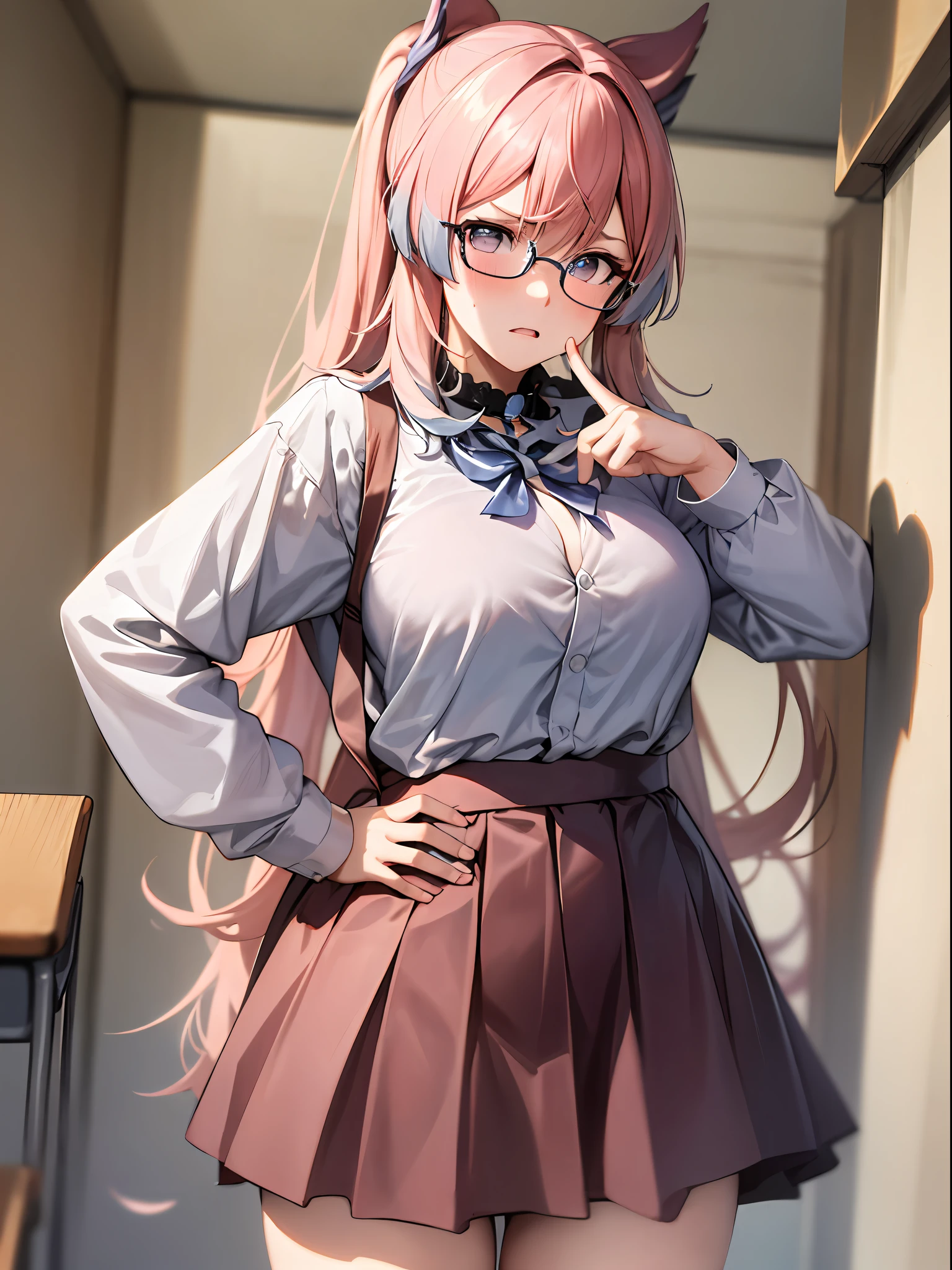 masterpiece, best quality, ultra detailed, hyper realistic, photo),delicate pattern, detailed background, uncensored completely, cowboy shot,  japanese girl, class room,
school uniform, loose collar, skirt, looking over eyewear,
hair between eyes, pink hair
put up index finger and one hand on hip,  angry with puffed cheeks,
from above, leaning forward,