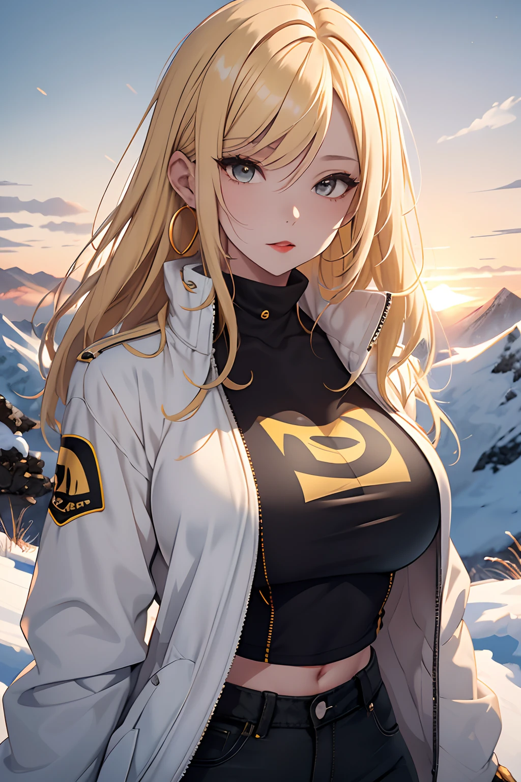 1girl, yellow hair, white jacket, black t shirt , black short jeans , round earings, red lips , standing on a snowy capped mountains, dazzling sunset, Sunset light streaks, top to bottom view, highly detailed, cinematic , trending on Pixiv, digital illustration, sexy woman, athletic physique, exposed cleavage