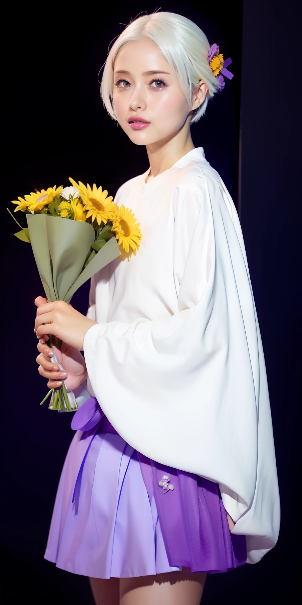 Anime girl with white hair and purple skirt holding a bunch of flowers, artwork in the style of guweiz, made with anime painter studio, Ilya Kuvshinov. 4 k, guweiz, Beautiful sunflower anime girl, girl with short white hair, guweiz on artstation pixiv, photorealistic anime girl render, Smooth Anime CG Art