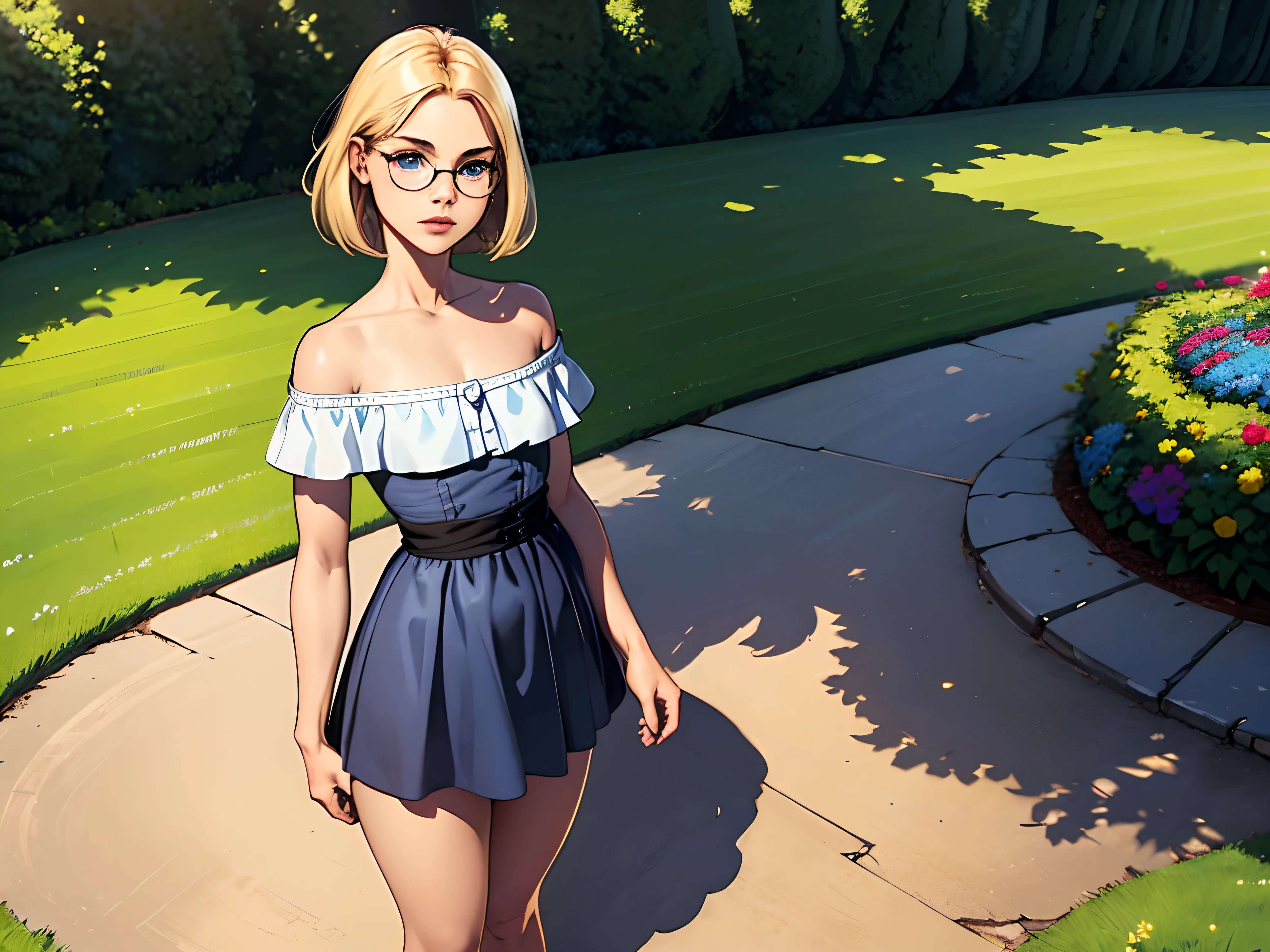 (masterpiece, sidelighting, finely detailed beautiful blue eyes: 1.2),1girl, ((small round (flat) breasts:1.3)), standing portrait, Intricate, High Detail, Sharp focus, dramatic, detailed shadows, (mid distance, full body shot), ((young ager)), (short flat straight dirty blonde hair framing face), (light colored glasses), ((pretty black off the shoulder sundress)), short heeled sandals, (grass and gardens) (thick thighs), (wide waist)