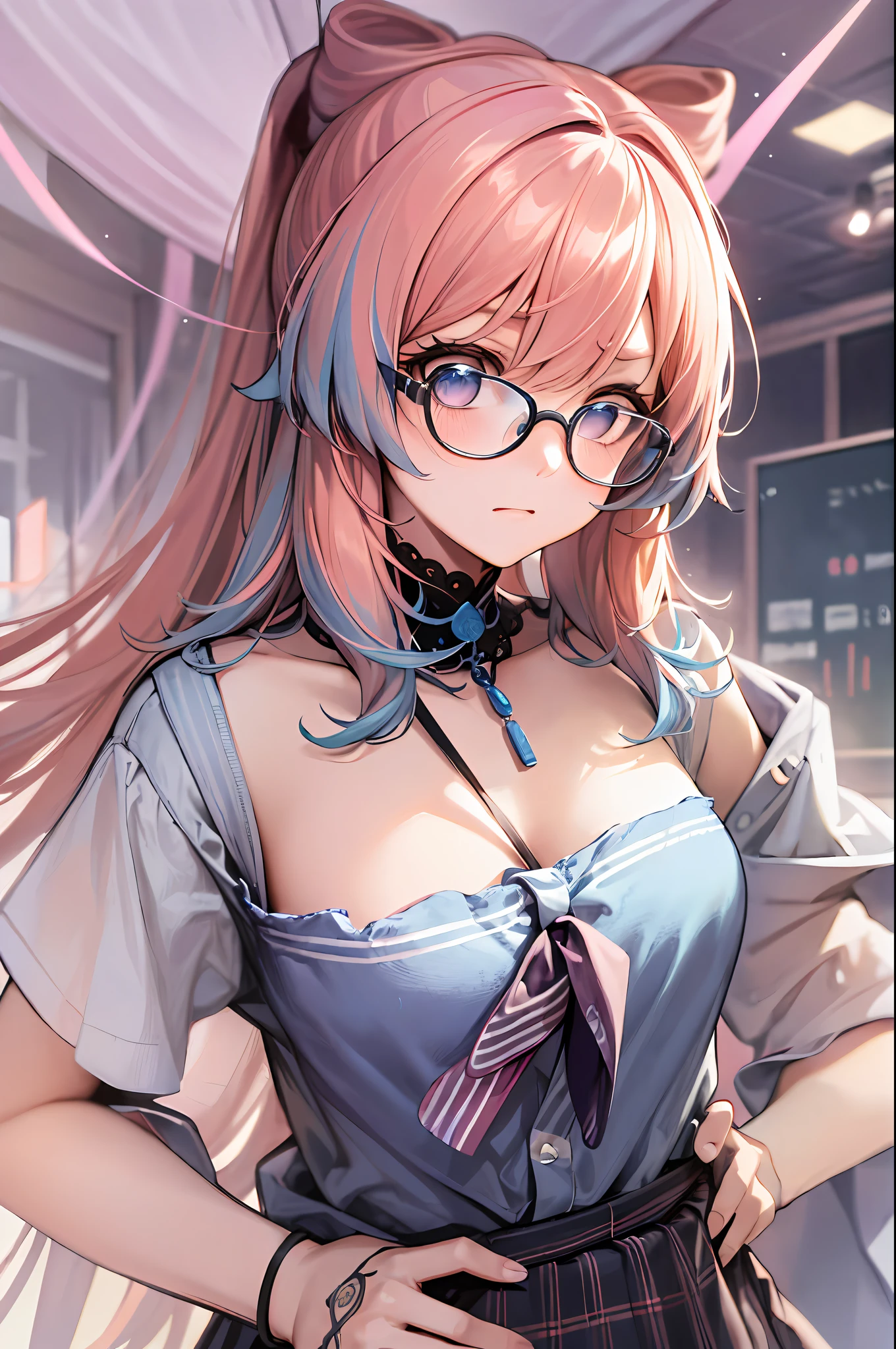 masterpiece, best quality, ultra detailed, hyper realistic, photo),delicate pattern, detailed background, uncensored completely, cowboy shot, japanese girl, class room,
school uniform, loose collar, skirt, looking over eyewear,
hair between eyes, pink hair
put up index finger and one hand on hip, angry with puffed cheeks,
from above, leaning forward,