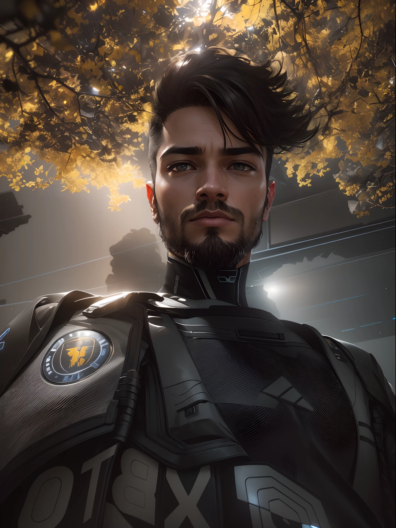 fking_scifi, award-winning photo of a man, black flight suit with yellow accents, brown hair, (gray eyes:1.35), square jawline, asymmetric face, standing in front of a window on a space ship, 80mm, bokeh, mass effect, close up, fking_cinema_v2