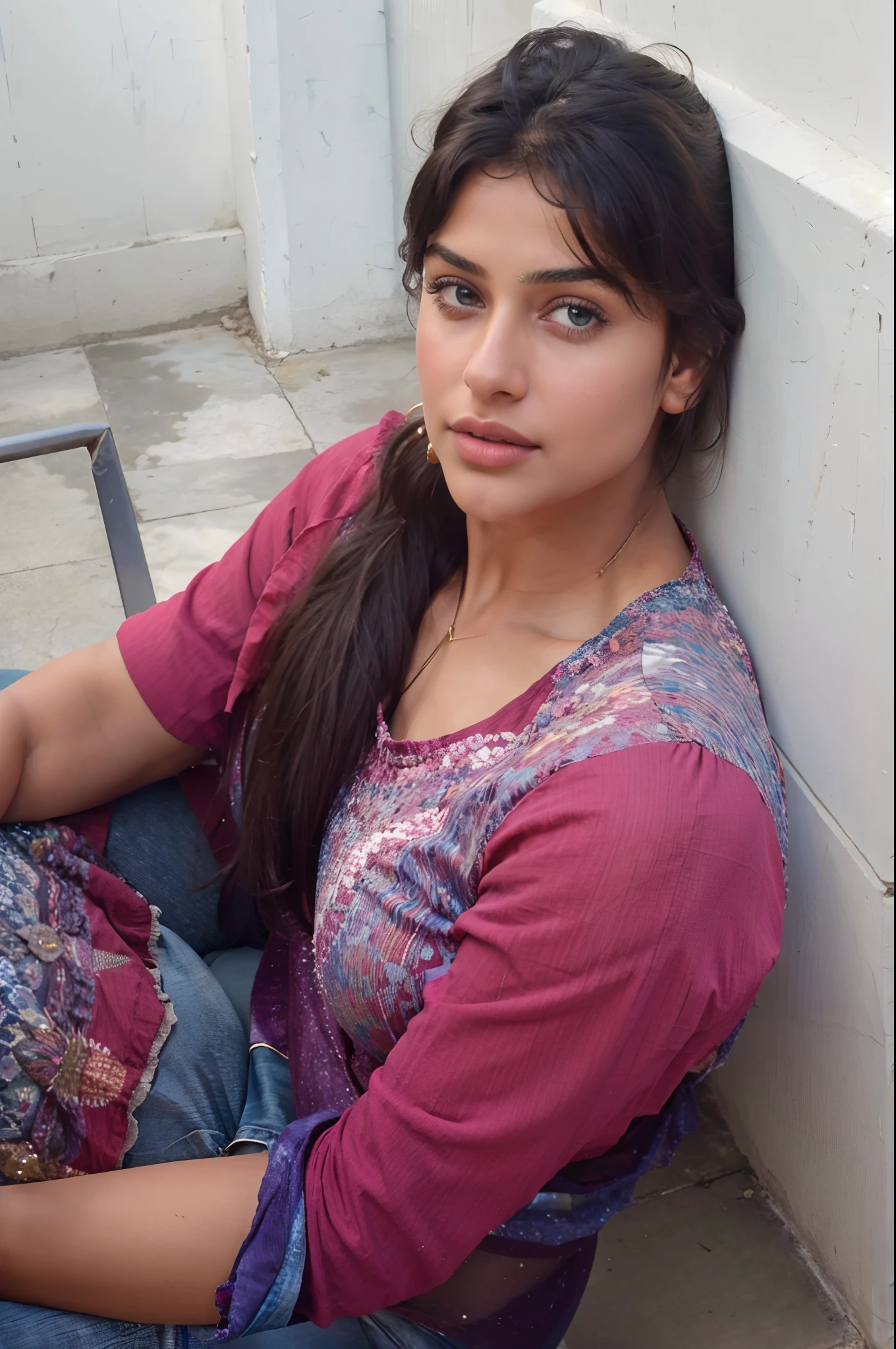 ((Masterpiece)), ((8k)), ((Ultra-high Resolution)), Indian girl, thick figure, skinny waist and thick hips, perfect face, seductive, wearing sexy top,