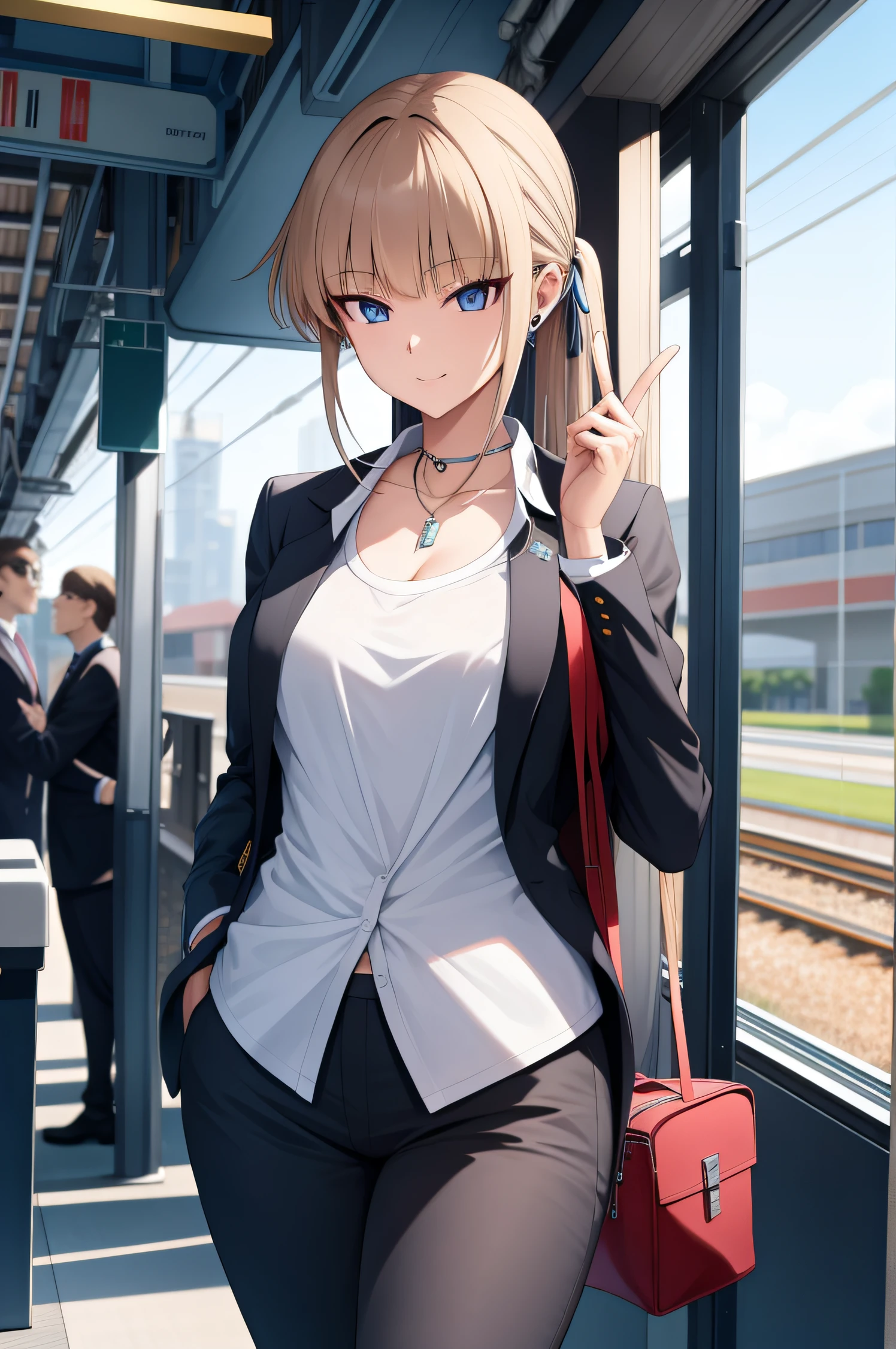 (masterpiece, best quality, detailed),1girl, tokidef,  in business attire standing on a train platform, attractive anime girl, smooth anime cg art, seductive anime girl, portrait anime girl, (sfw) safe for work, detailed digital anime art, digital anime illustration, an anime girl, female anime character, beautiful anime girl, makoto shinka, seductive smile,clean detailed anime art,high resolution, (perfect hands, perfect anatomy),