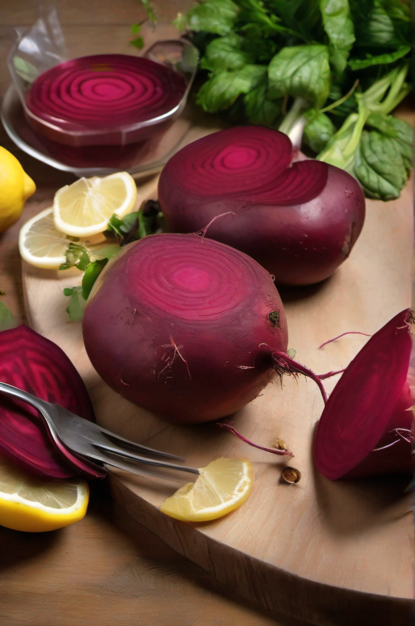 An image with fresh beets and sliced lemons,
