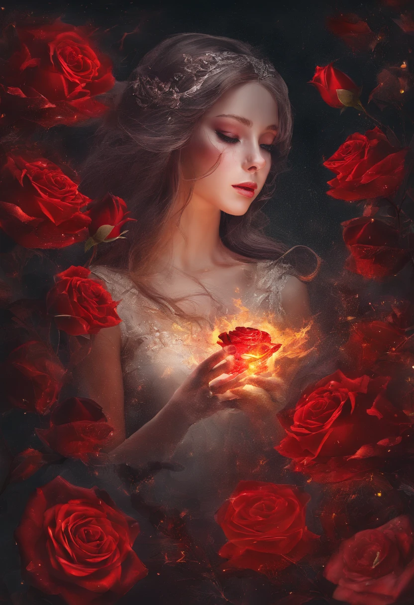 The background is dark，There is a red rose on fire in the middle，Red roses on fire，Sad，The glass shattered，Love is broken，Plain background image，There are no characters ,Pure background